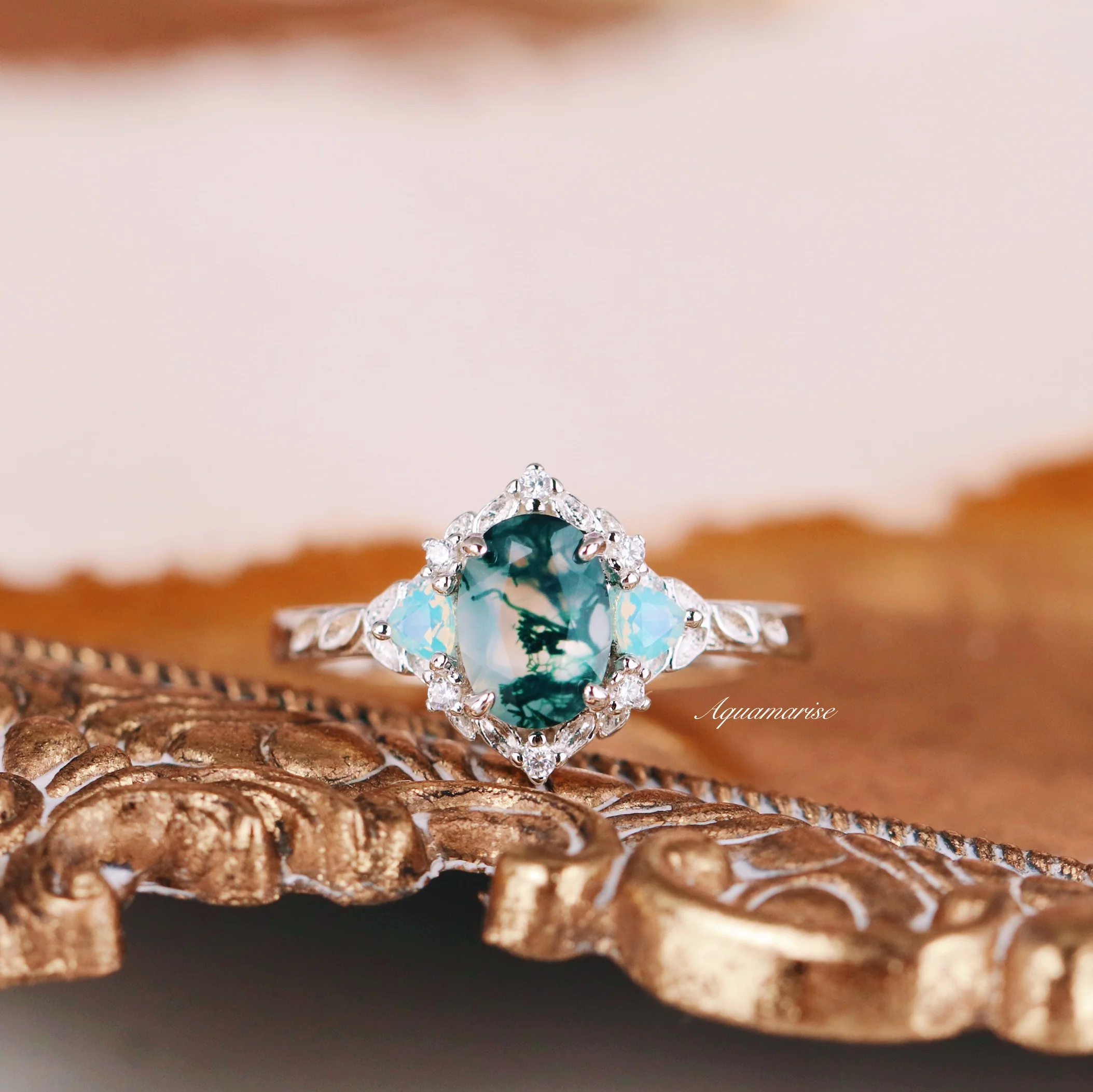 Moss Agate & Opalescent Sapphire Engagement Ring in 14K White Gold - Image 7