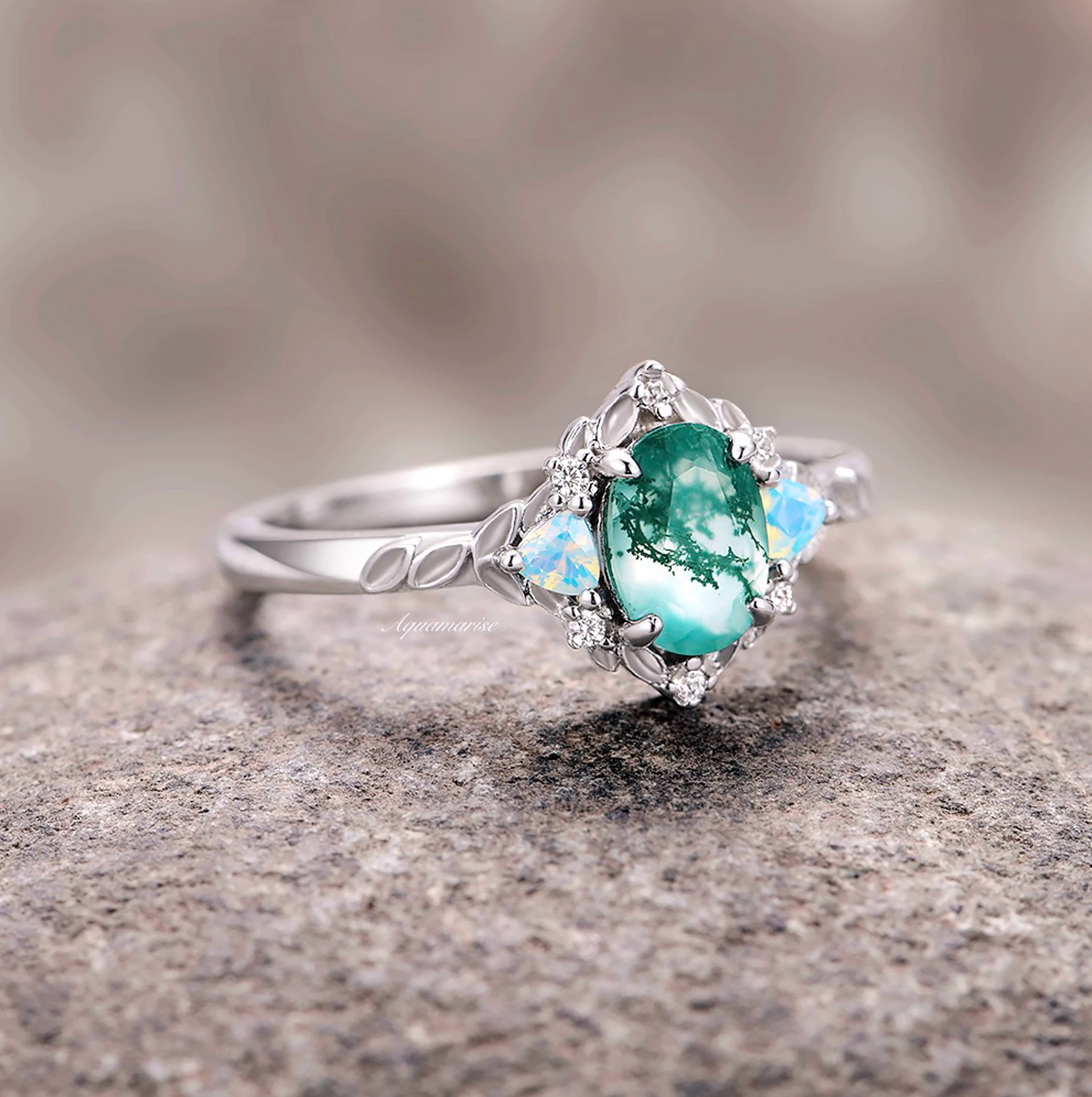 Moss Agate & Opalescent Sapphire Engagement Ring in 14K White Gold - Image 8