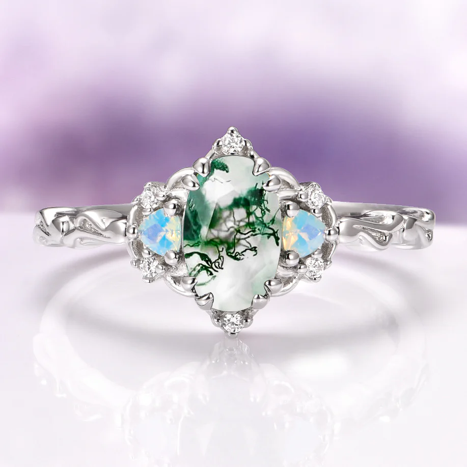 Esme Moss Agate and Opalescent Sapphire Engagement Ring in 14K White Gold