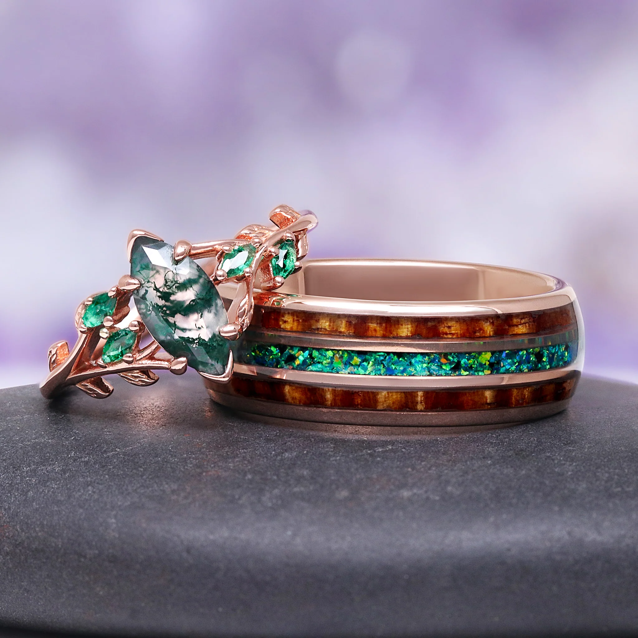 Rowan Marquise Moss Agate Leaf Engagement Ring in 14K Rose Gold Vermeil - Image 3