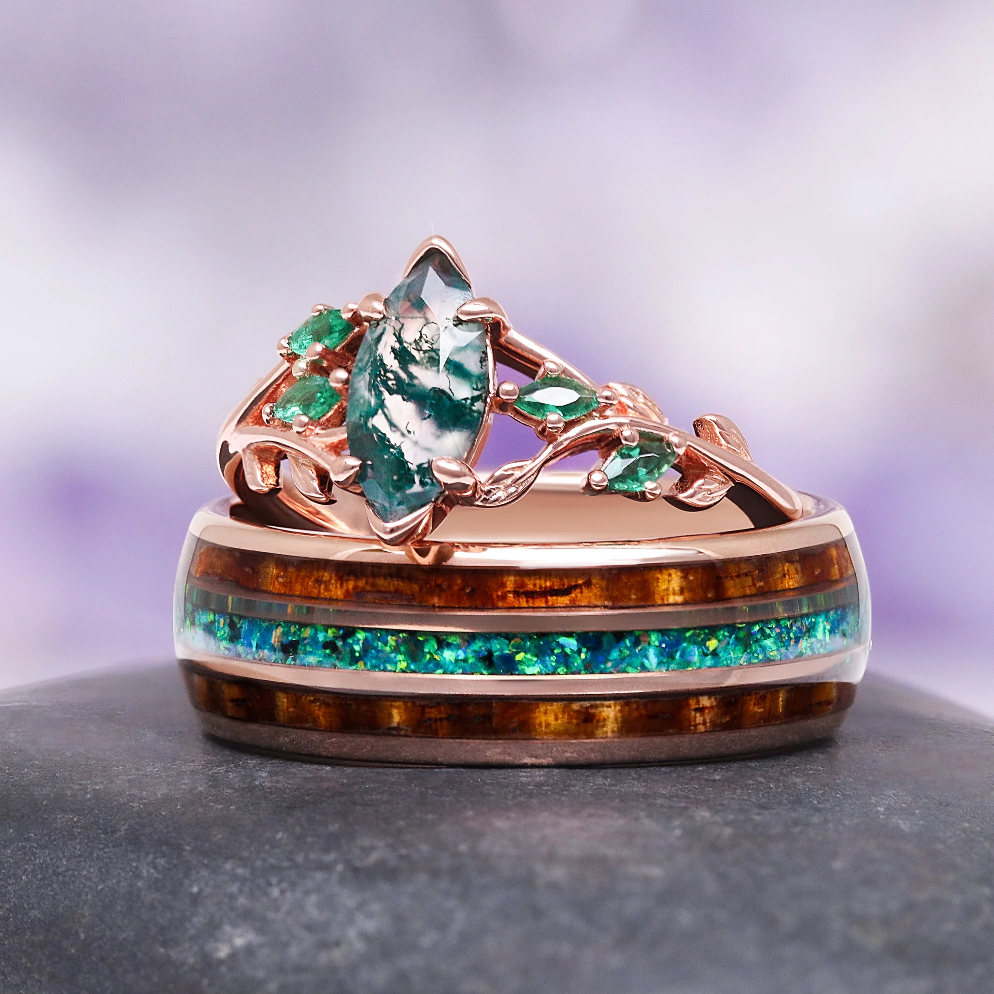 Rowan Marquise Moss Agate Leaf Engagement Ring in 14K Rose Gold Vermeil - Image 2