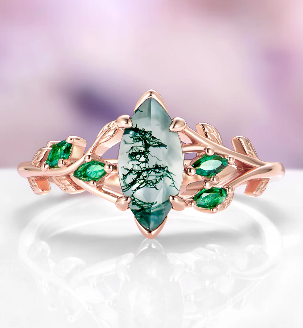 Rowan Marquise Moss Agate Leaf Engagement Ring in Solid 14K Rose Gold