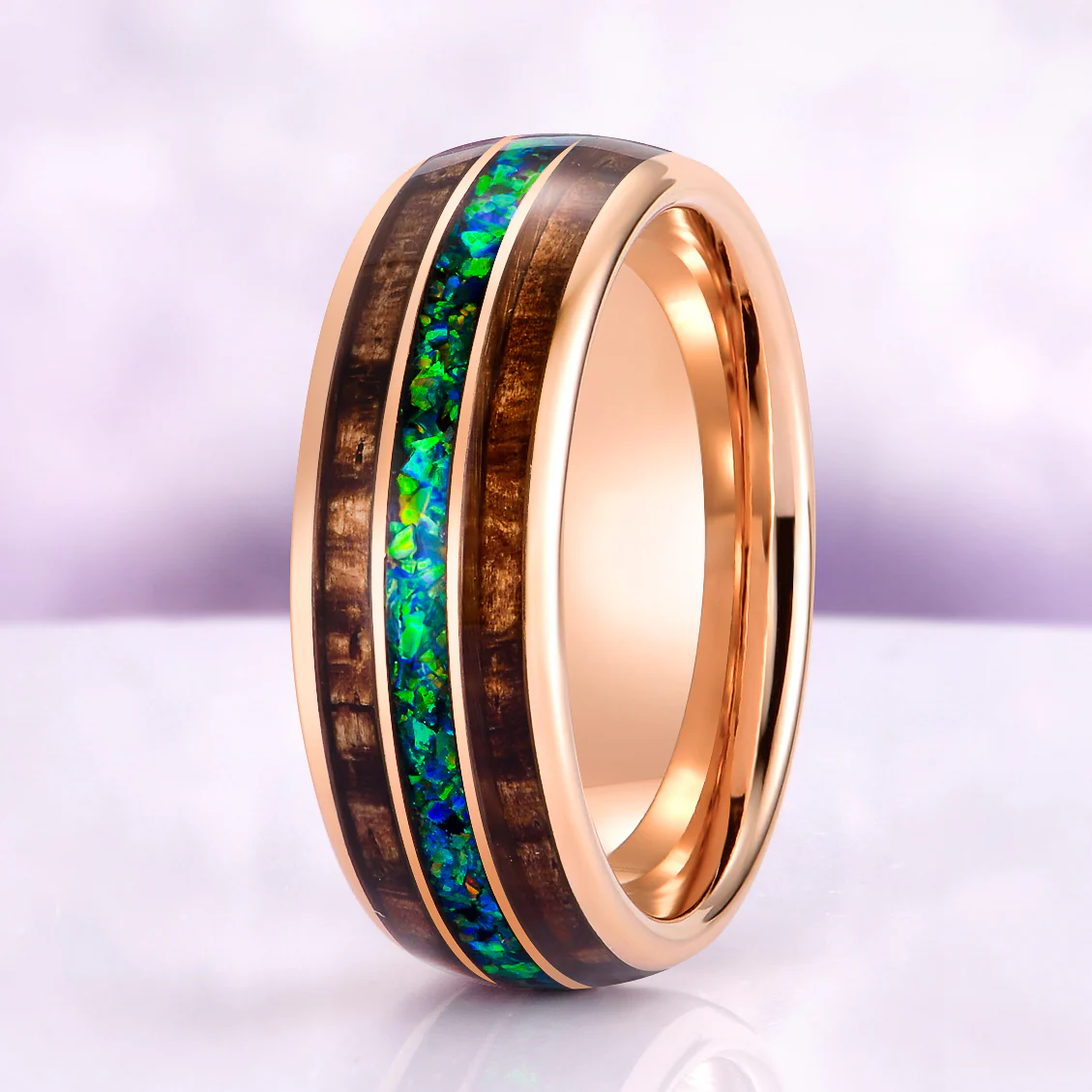 Moss Agate, Peacock Opal & Whiskey Barrel Wood Couples Ring Set - Image 4