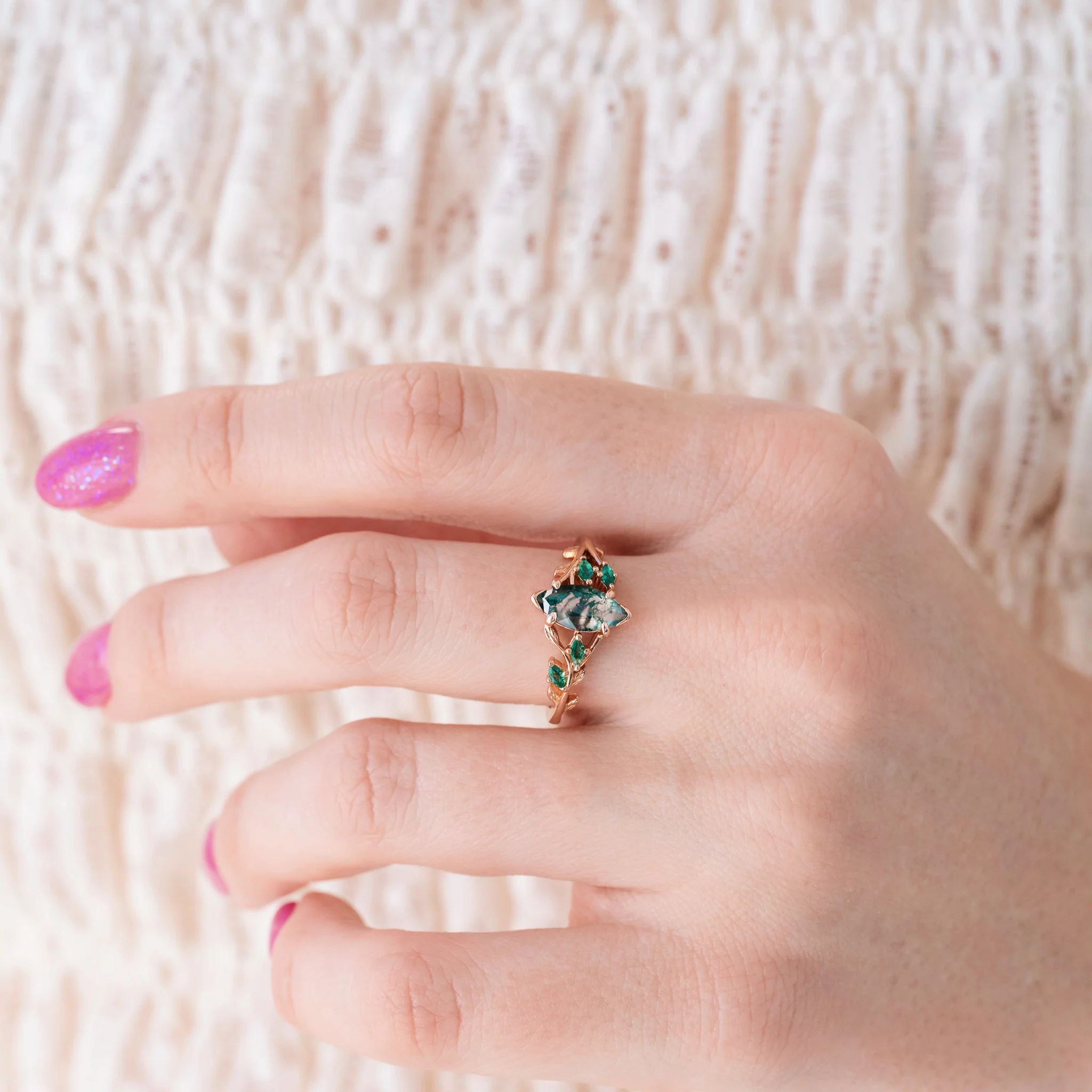 Moss Agate, Peacock Opal & Whiskey Barrel Wood Couples Ring Set - Image 5