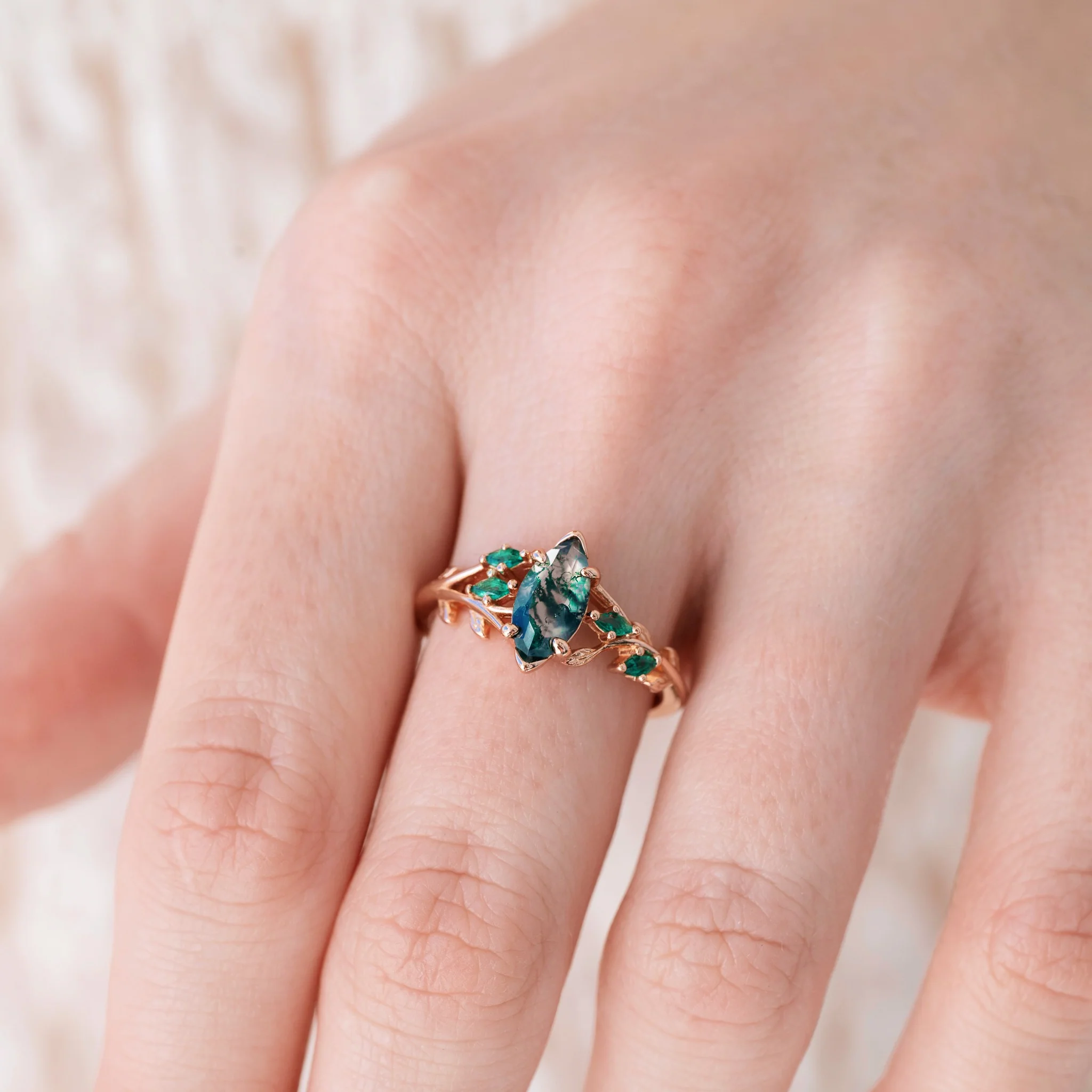 Moss Agate, Peacock Opal & Whiskey Barrel Wood Couples Ring Set - Image 6