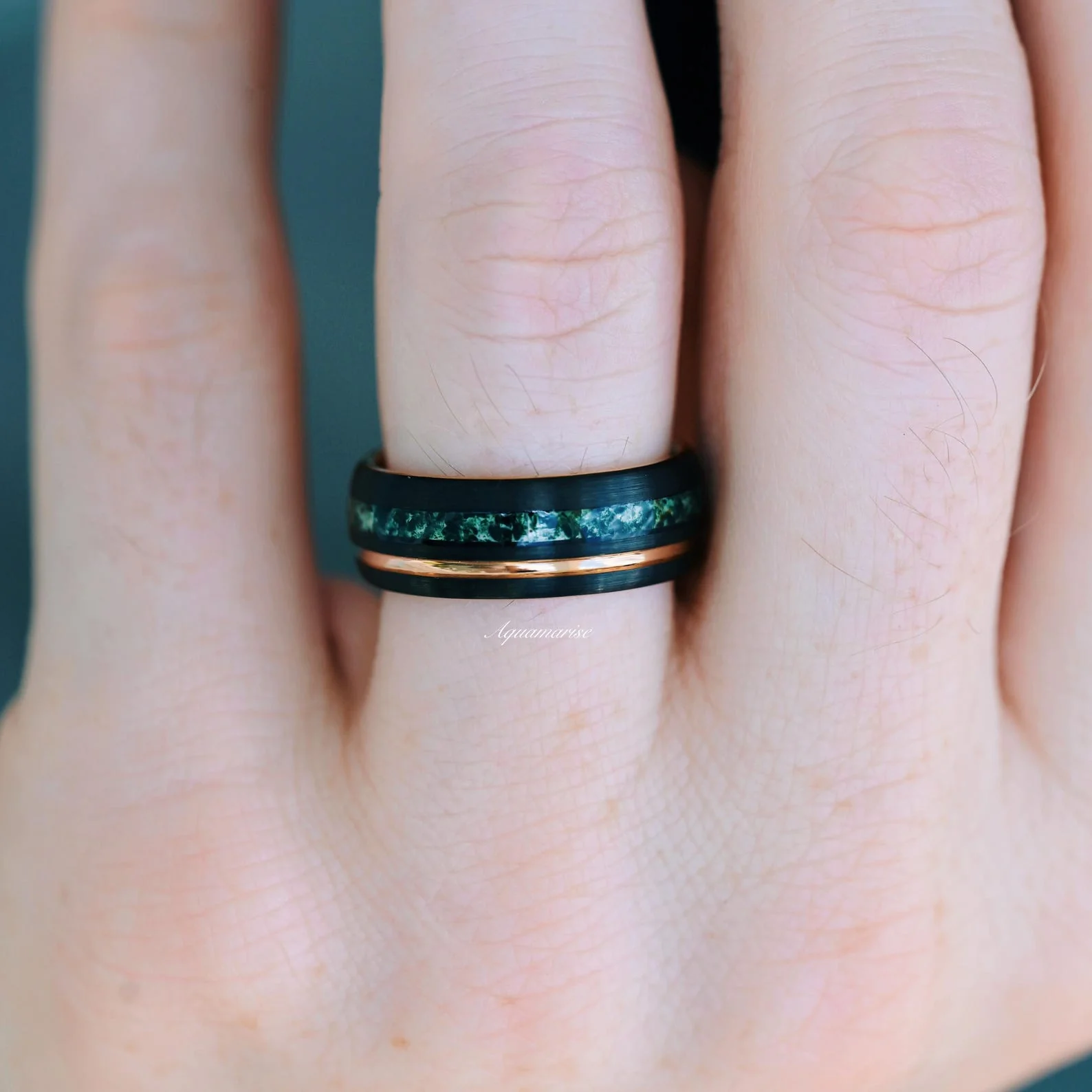 Moss Agate Wedding Band- 8MM Black & Rose Gold Tungsten - Image 2