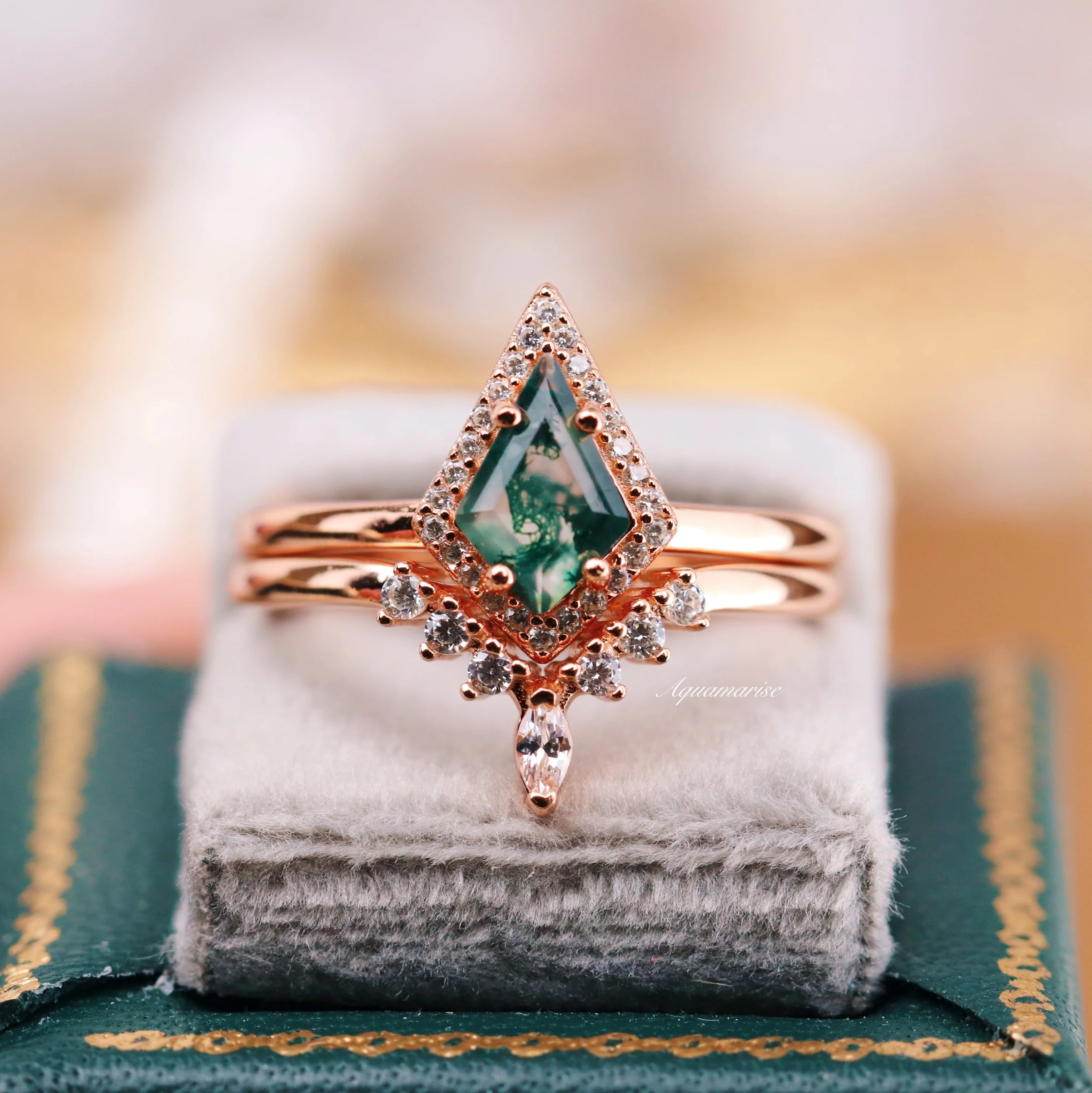 Mountain Range Green Moss Agate Couples Ring Set - Image 7