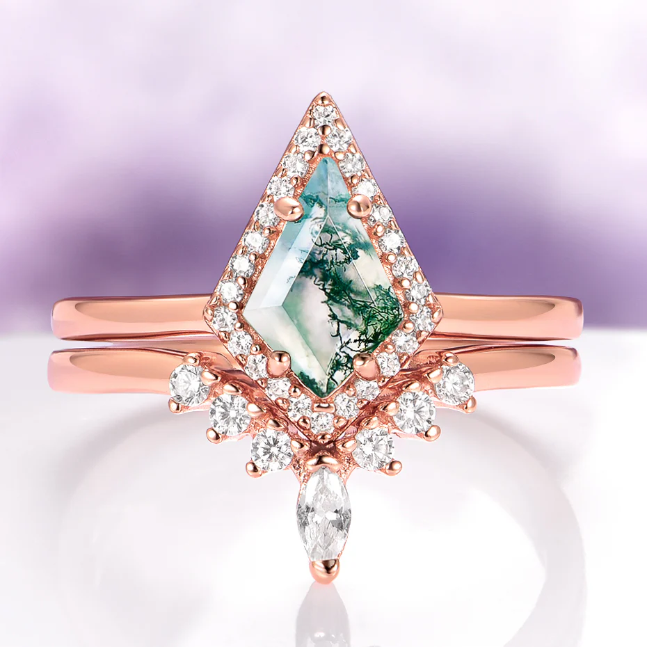 Mountain Range Green Moss Agate Couples Ring Set - Image 8