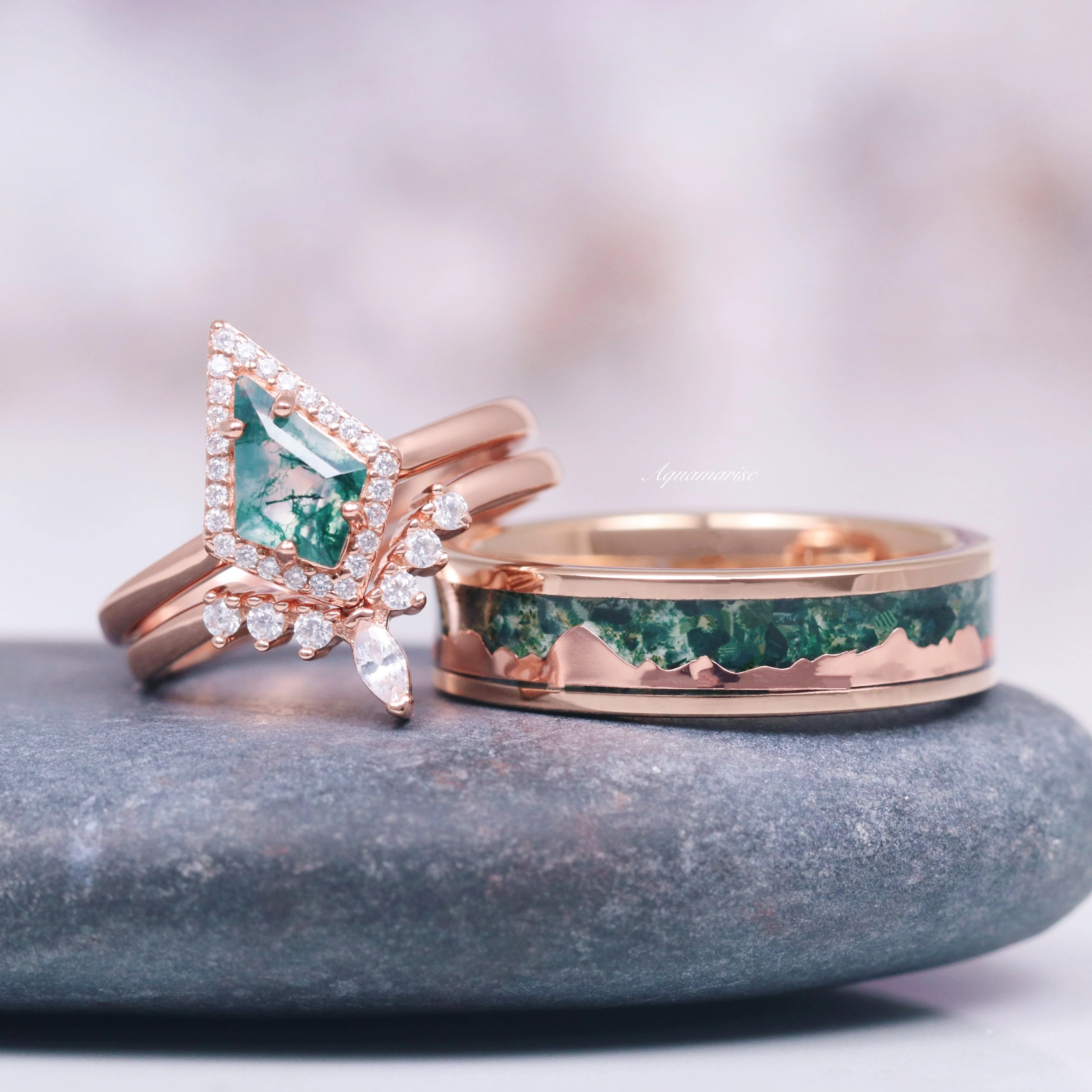 Mountain Range Moss Agate Wedding Band in Rose Gold Tungsten Carbide (6mm) - Image 3
