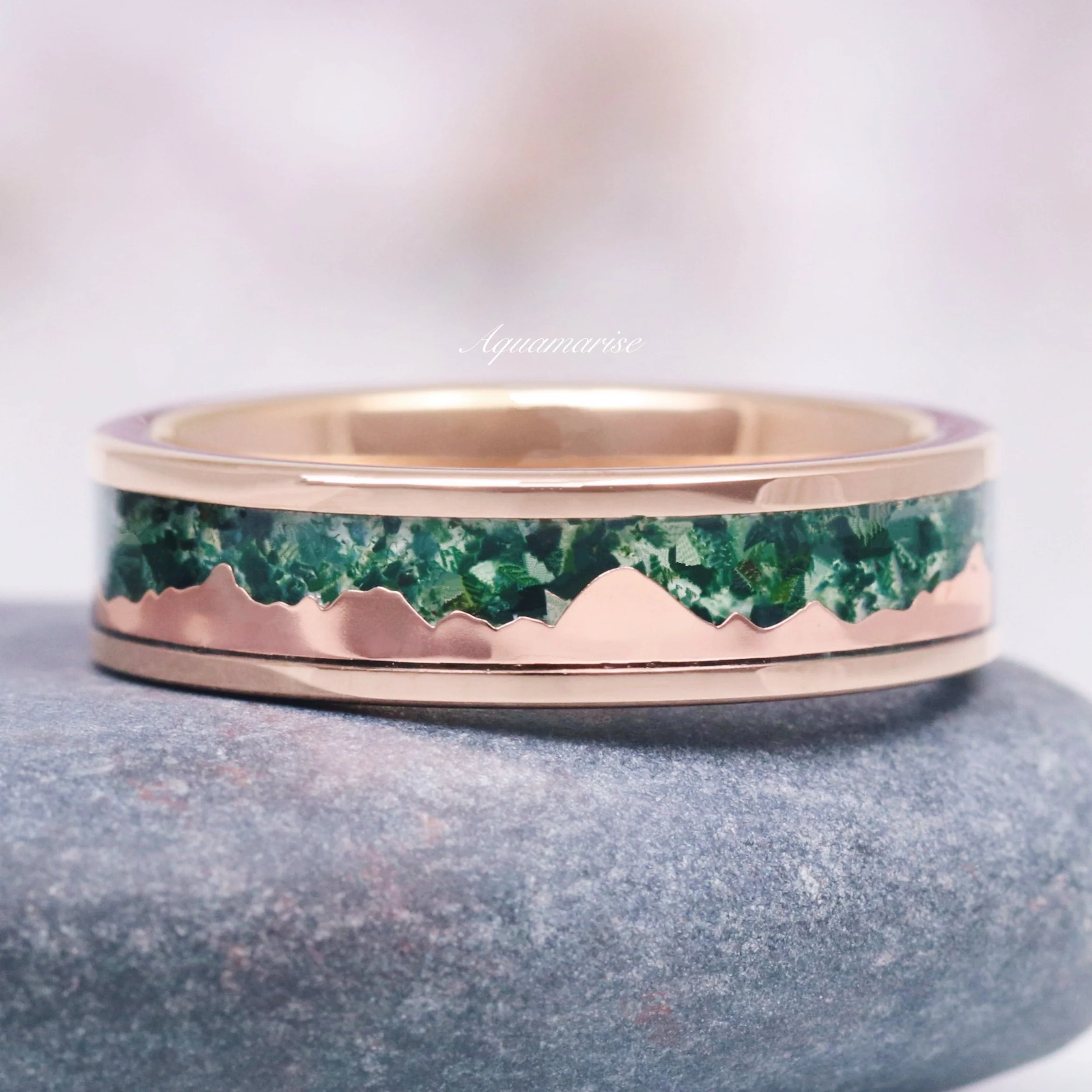 Mountain Range Moss Agate Wedding Band in Rose Gold Tungsten Carbide (6mm) - Image 5