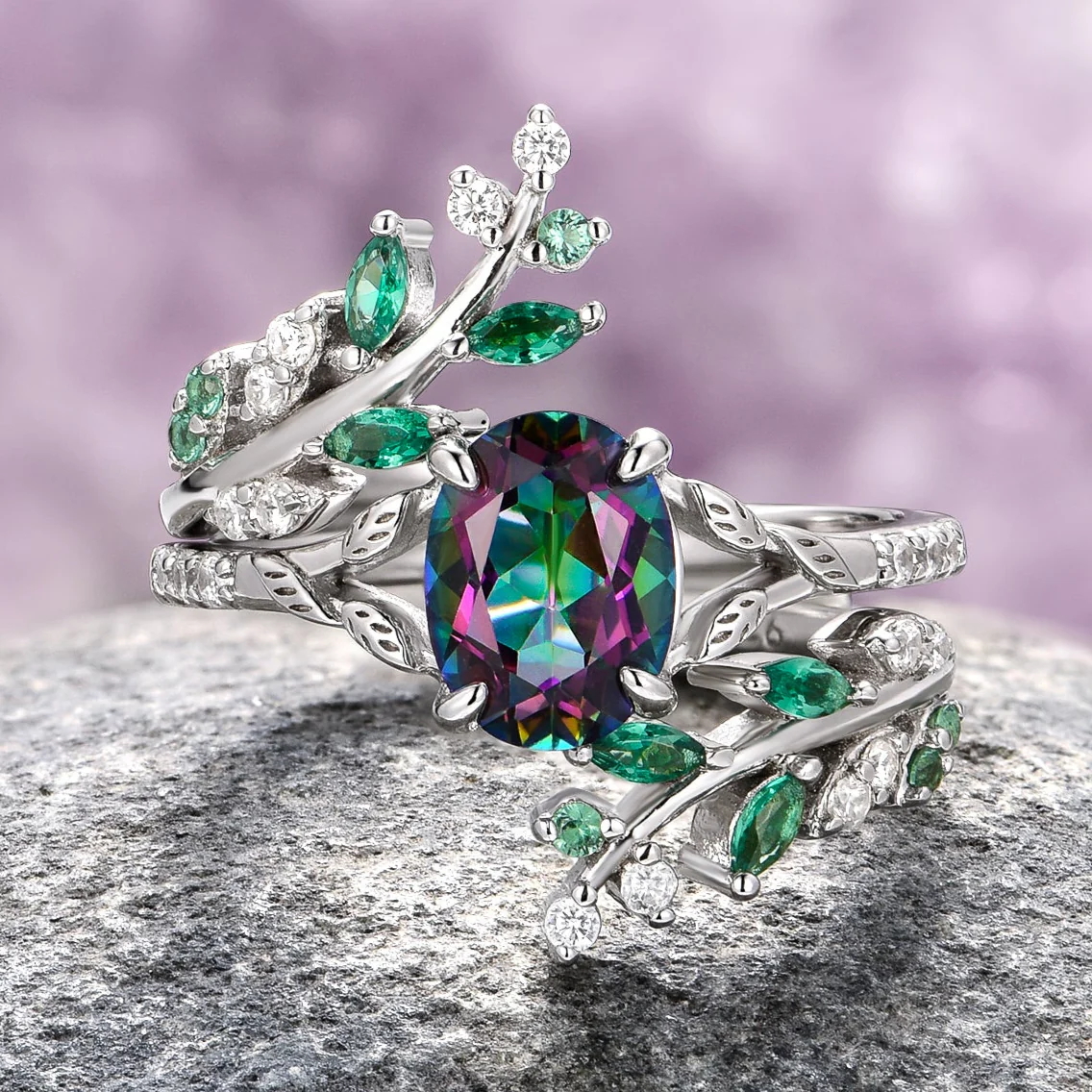 Mystic Topaz & Emerald Fairy Leaf Ring Set in Sterling Silver - Image 11