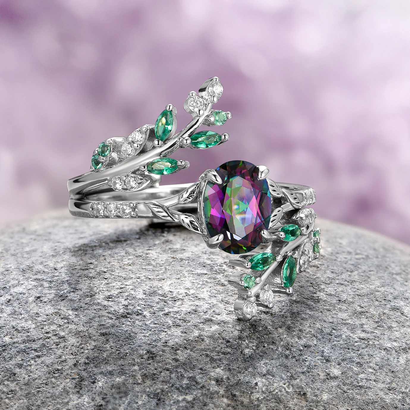 Mystic Topaz & Emerald Fairy Leaf Ring Set in Sterling Silver - Image 12