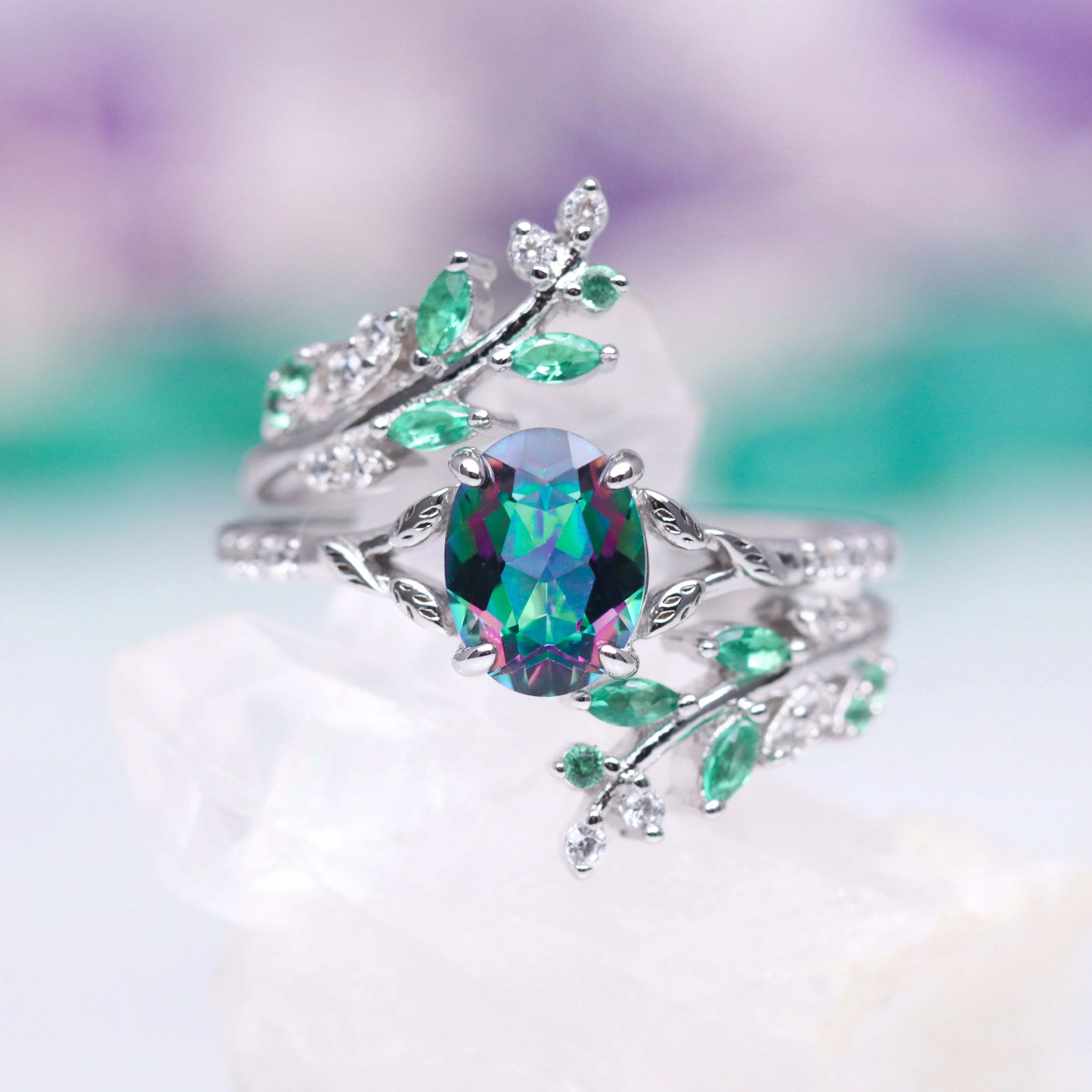 Mystic Topaz & Galaxy Opal Leaf Couples Ring Set - Image 3