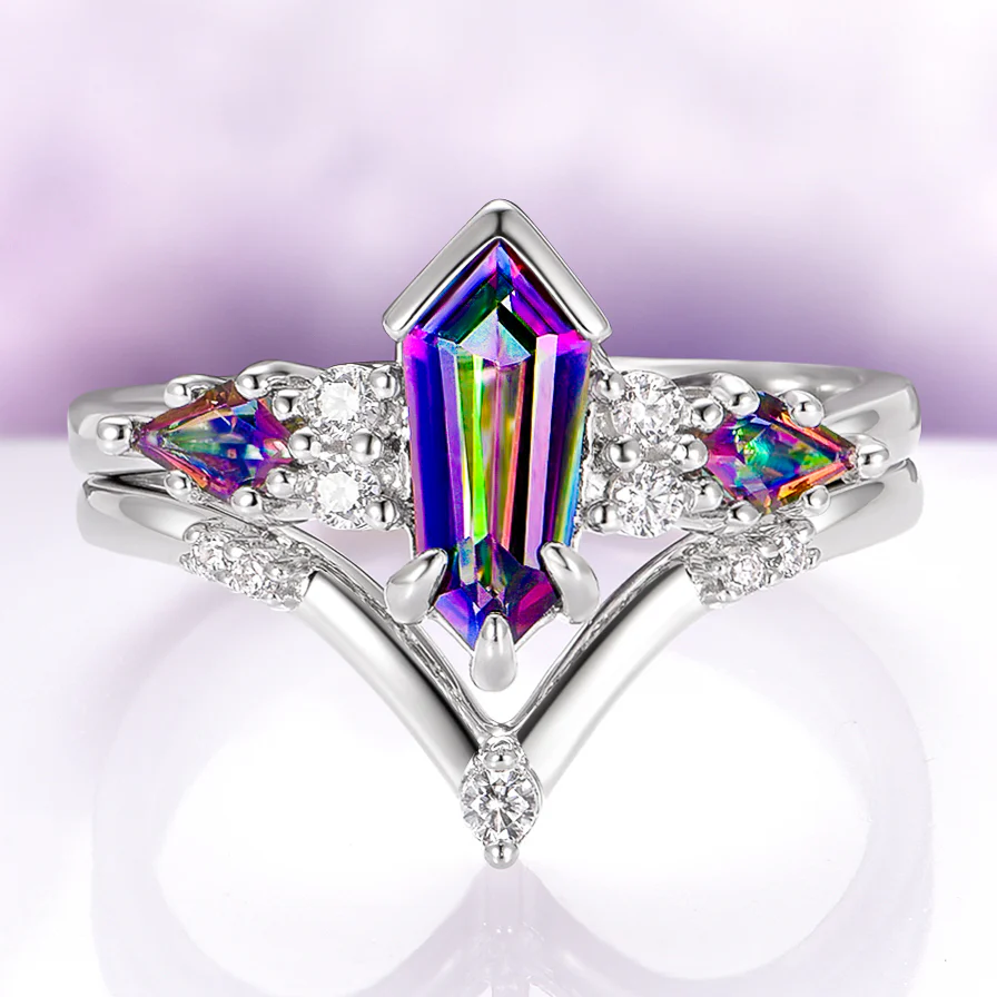 Hexagon Kite Mystic Topaz Engagement Ring Set in 14K White Gold