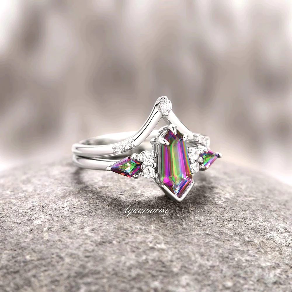 Hexagon Kite Mystic Topaz Engagement Ring Set in 14K White Gold - Image 6