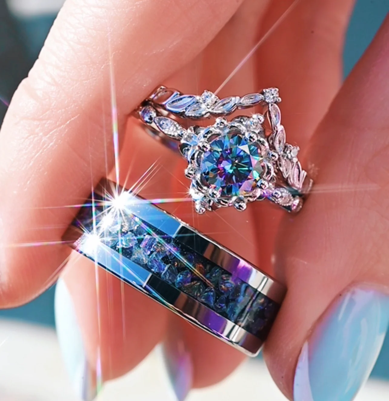 Mystical Fairy Rainbow Moissanite Couples Ring Set - Image 7