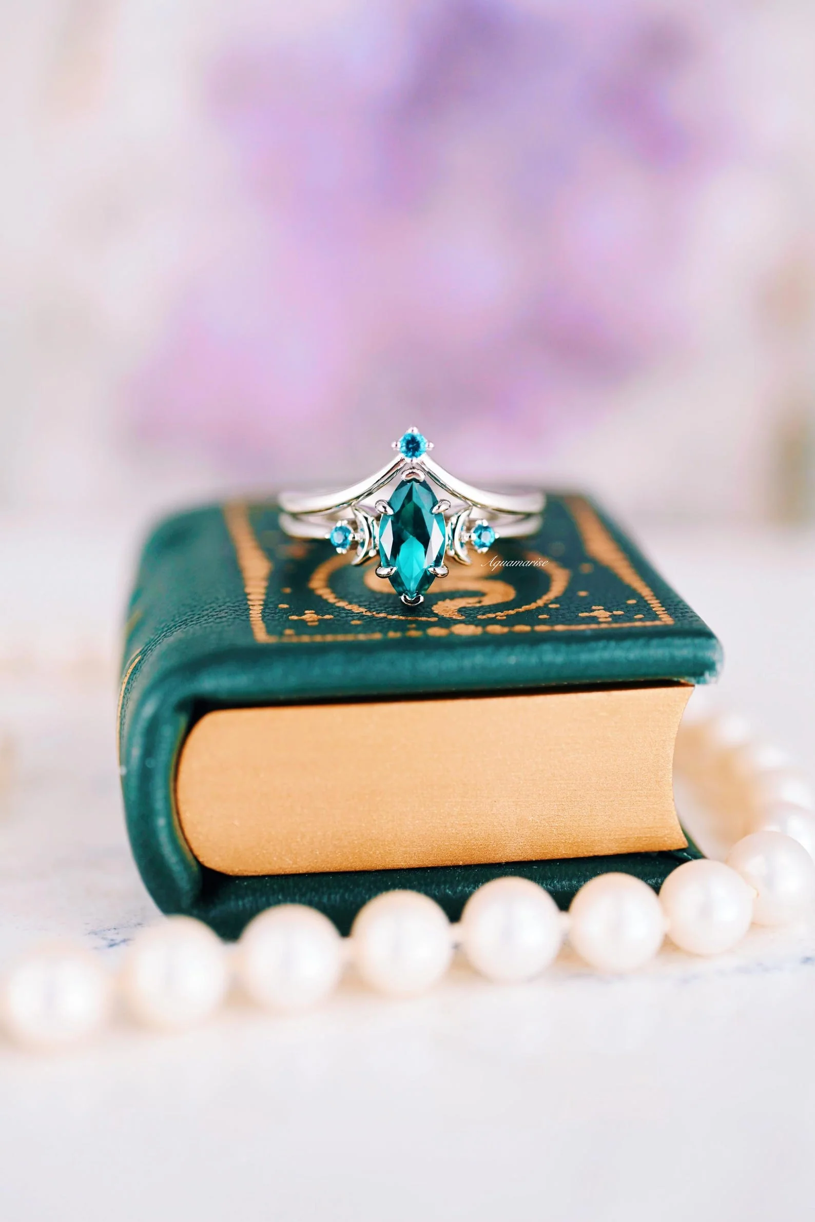 Borealis Forest & Teal Sapphire Couples Ring Set- Northern Lights & Trees - Image 5