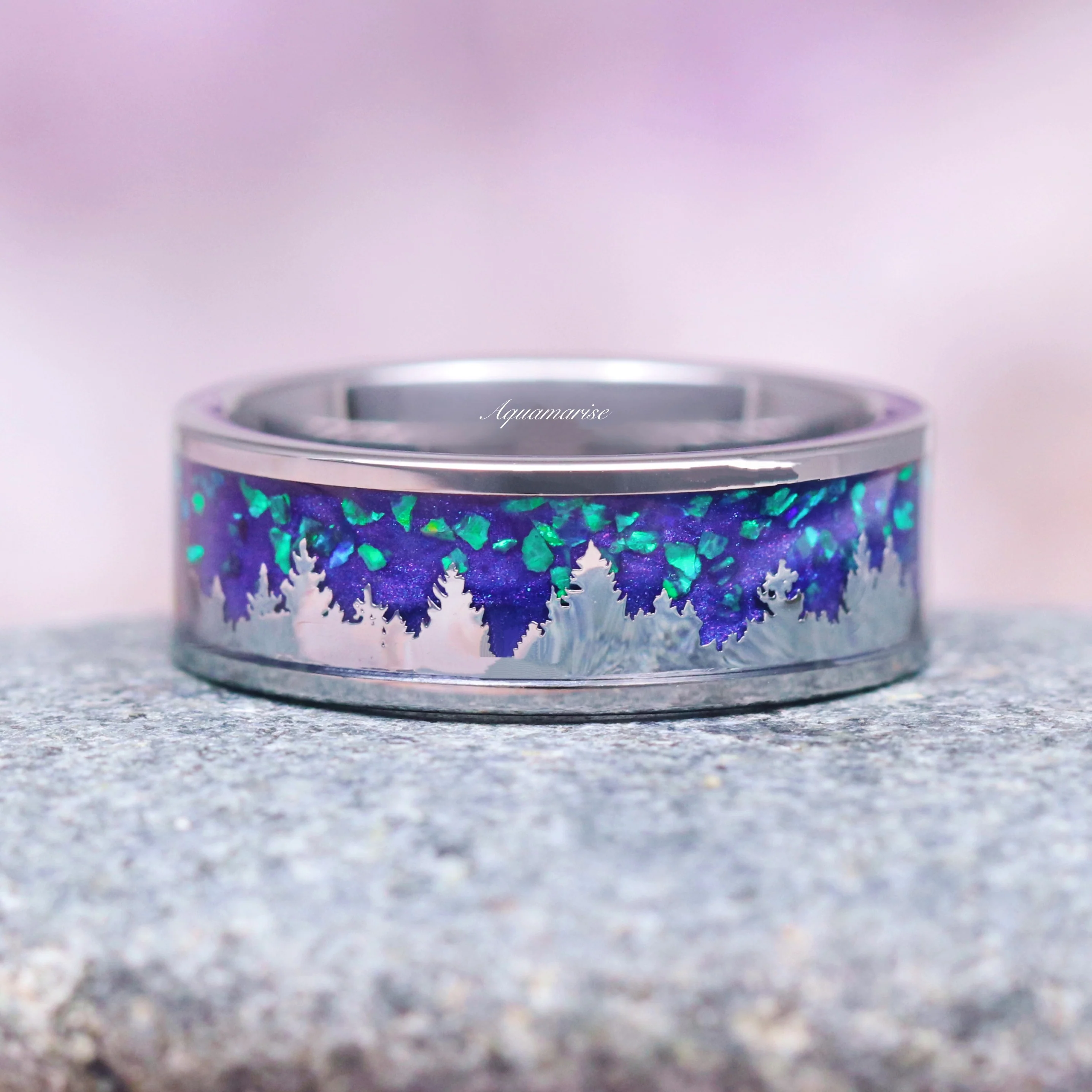 Borealis Forest Wedding Band- Northern Lights & Trees 8MM Tungsten