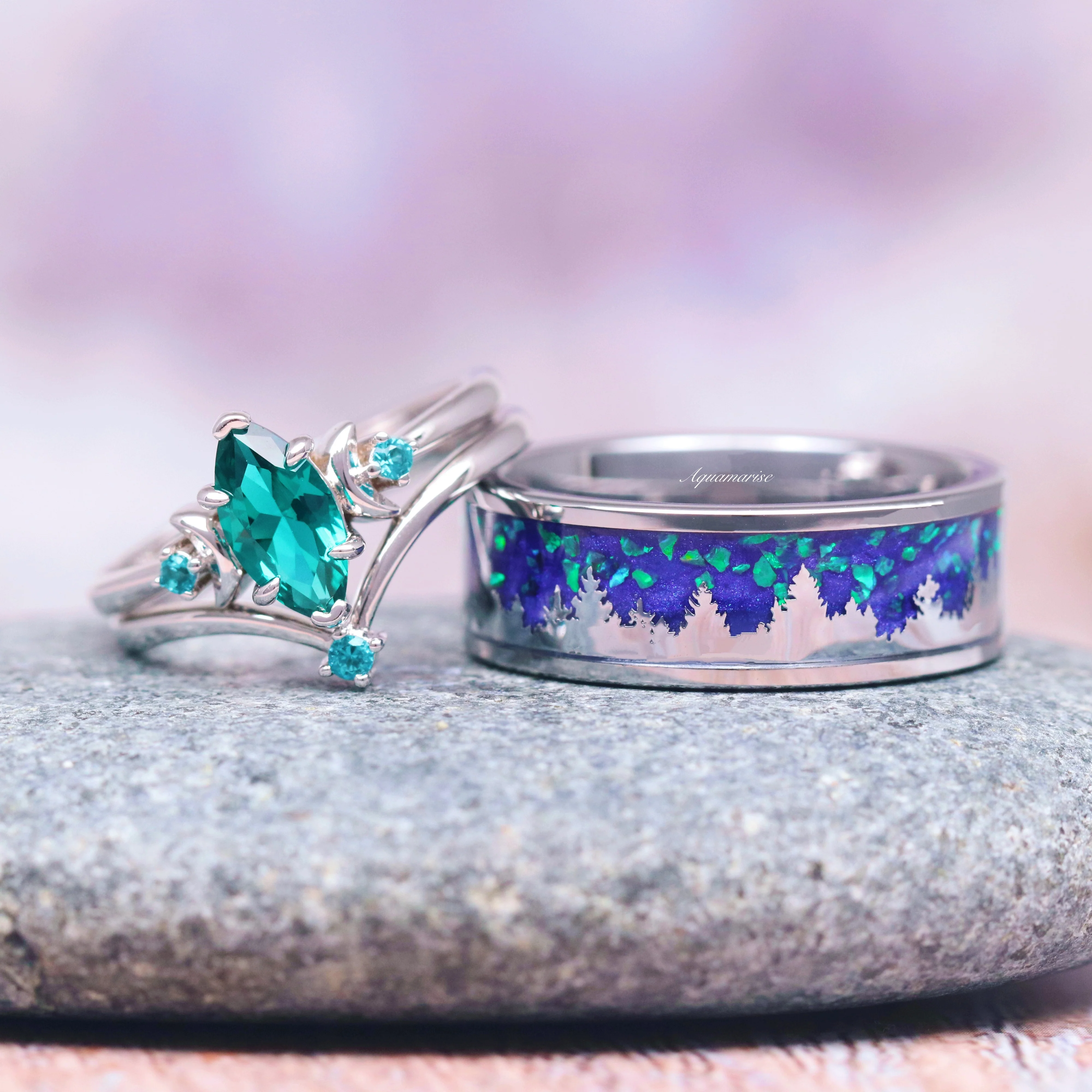 Borealis Forest Wedding Band- Northern Lights & Trees 8MM Tungsten - Image 2