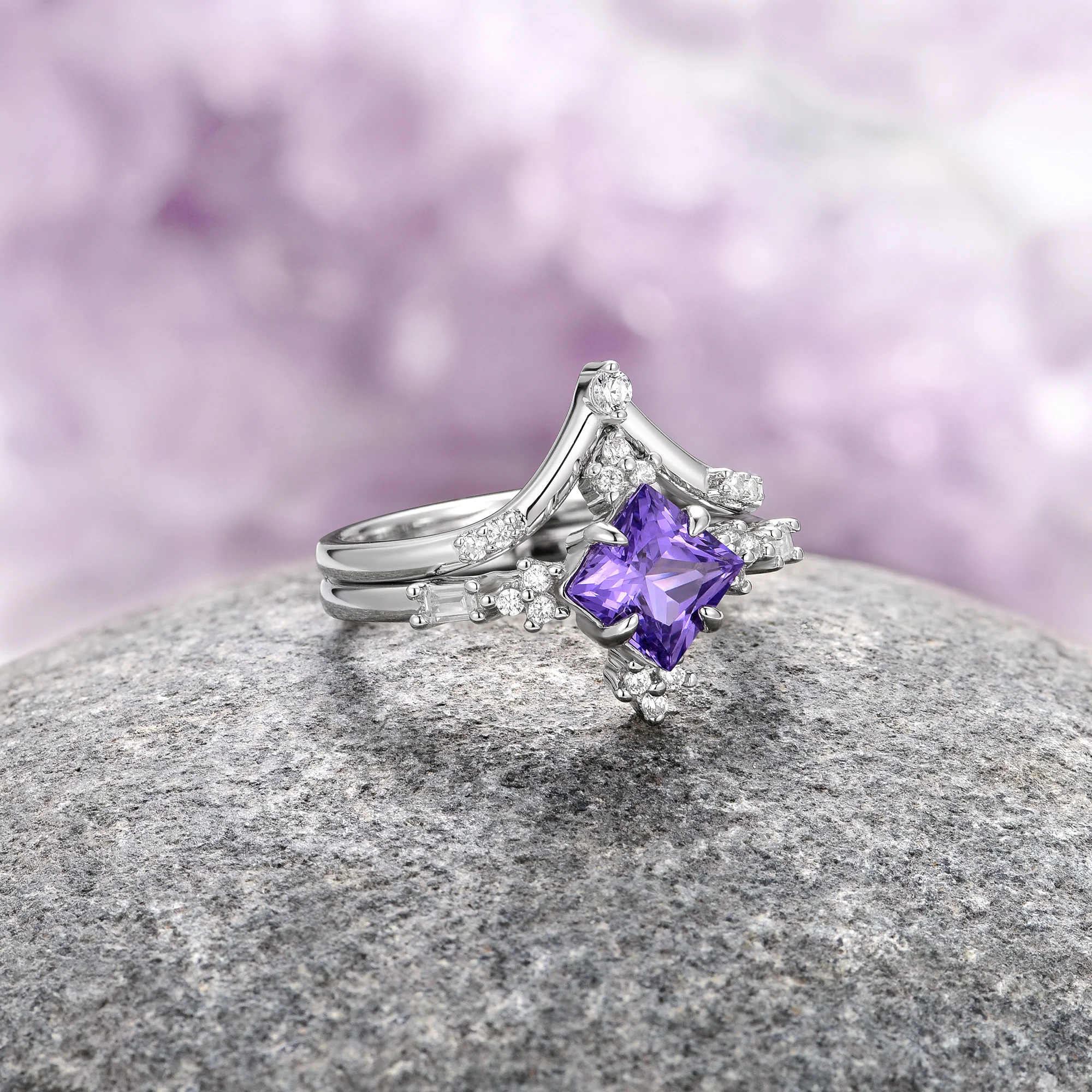 Natural Princess Cut Amethyst Ring Set in Sterling Silver - Image 2