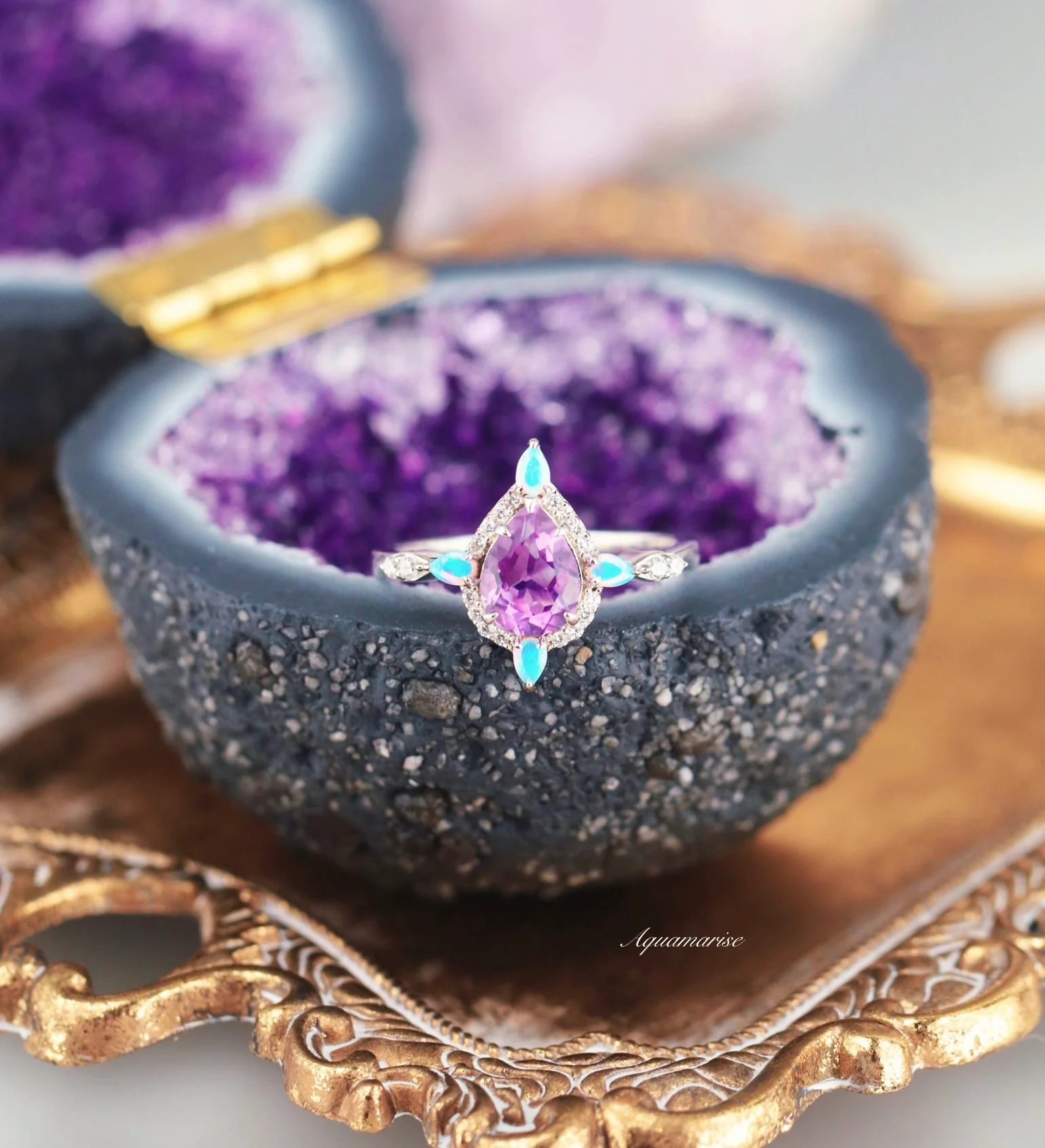 Natural Amethyst & Fire Opal Engagement Ring in 14K White Gold - Image 3