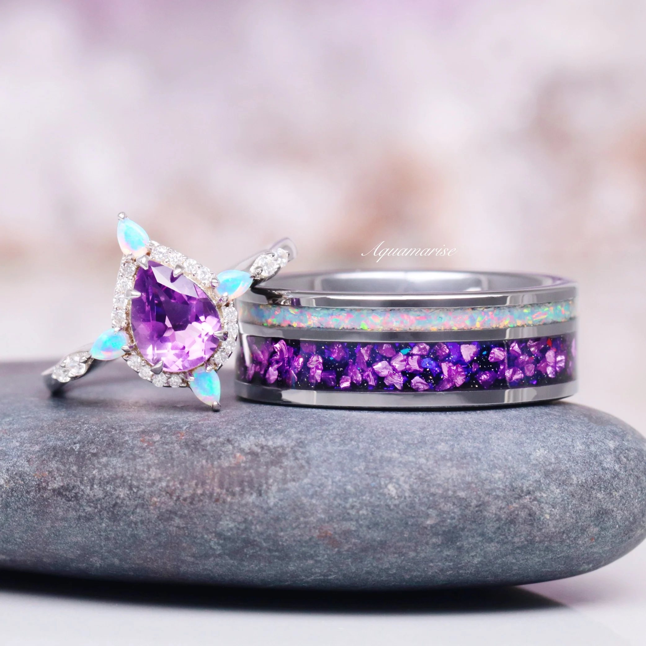 Natural Amethyst & Fire Opal Engagement Ring in 14K White Gold - Image 4
