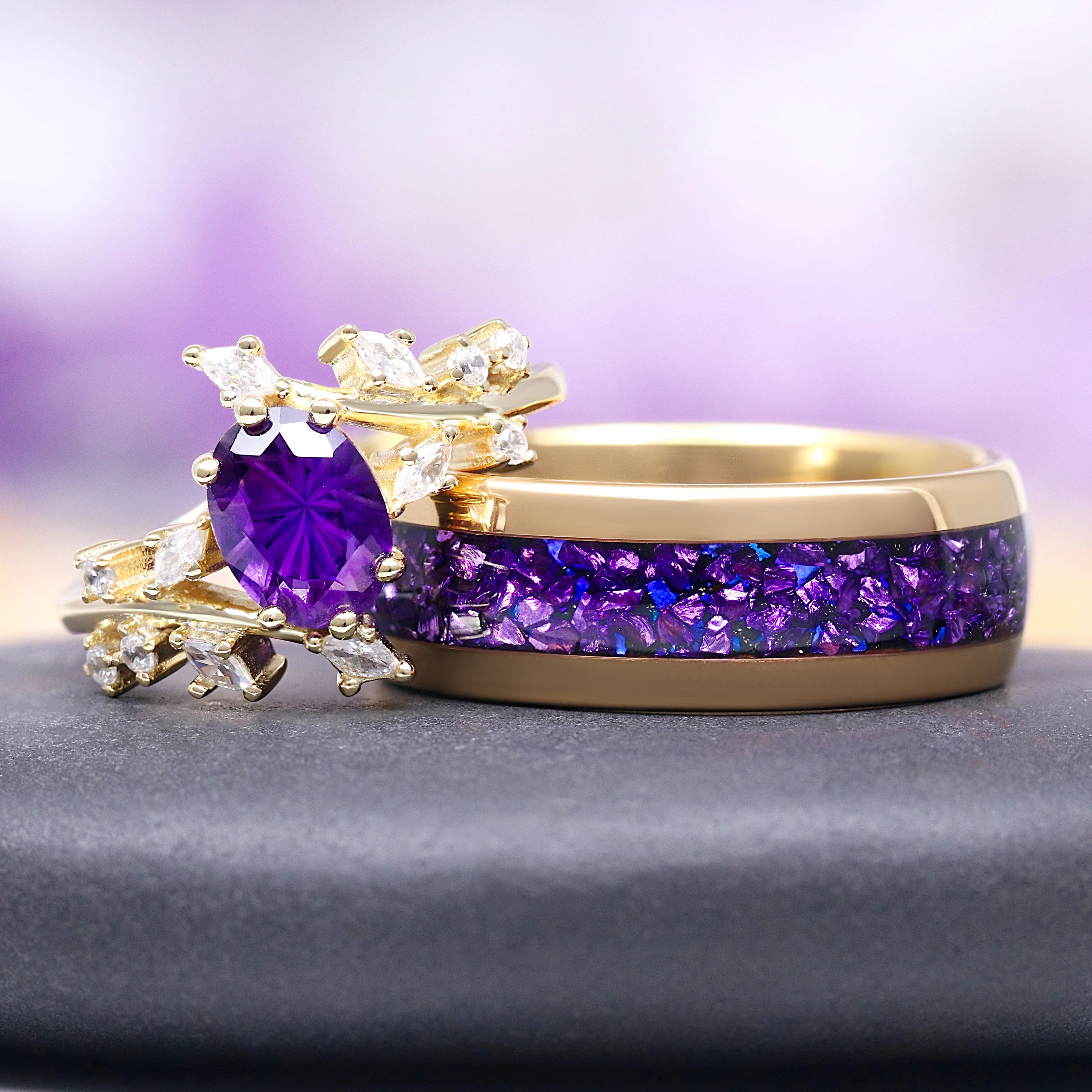 Natural Amethyst Leaf Engagement Ring in 14K Solid Yellow Gold (Fireworks Cut) - Image 2