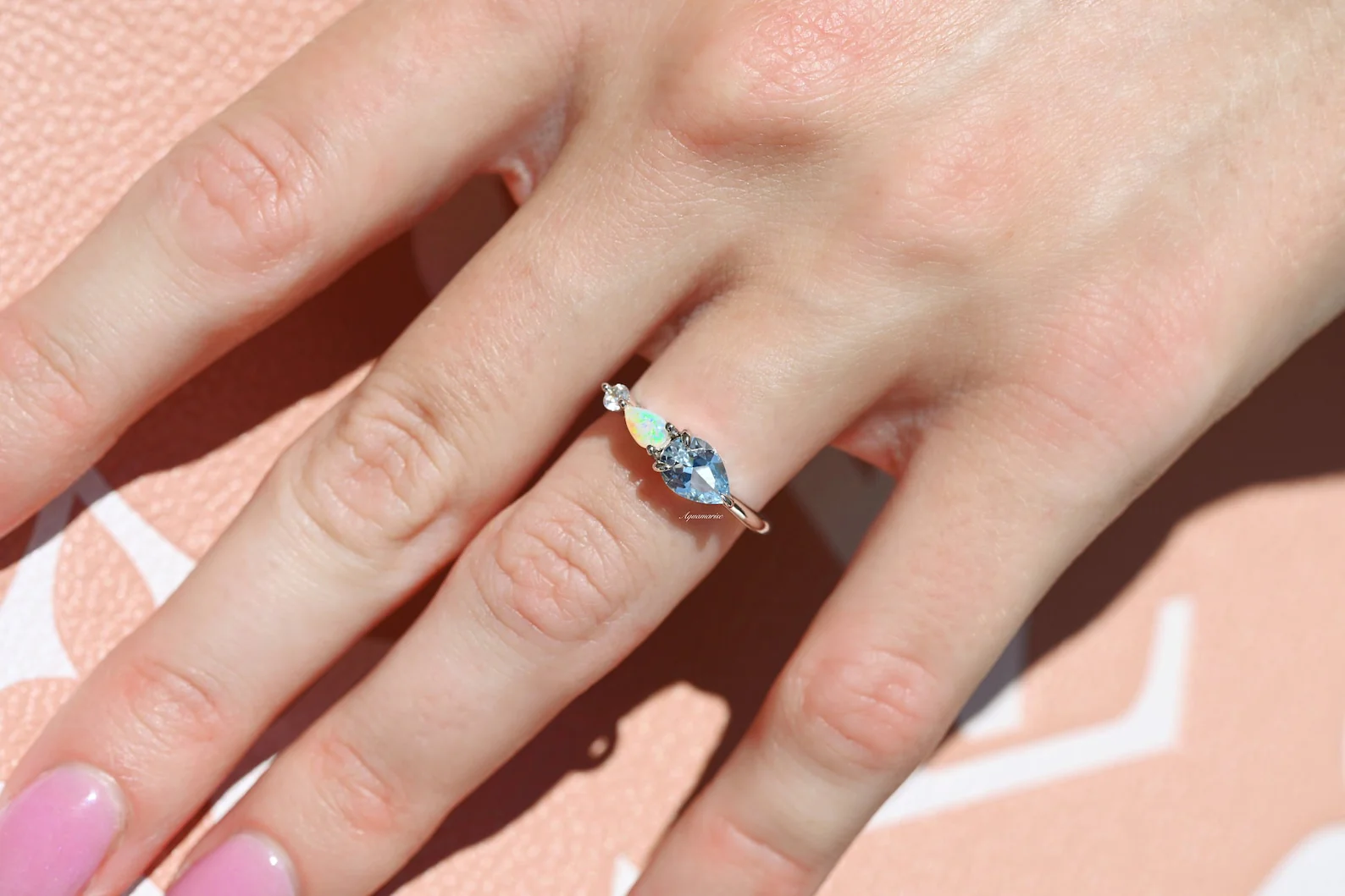 Aquamarine and Natural Australian Opal Ring in Sterling Silver - Image 3