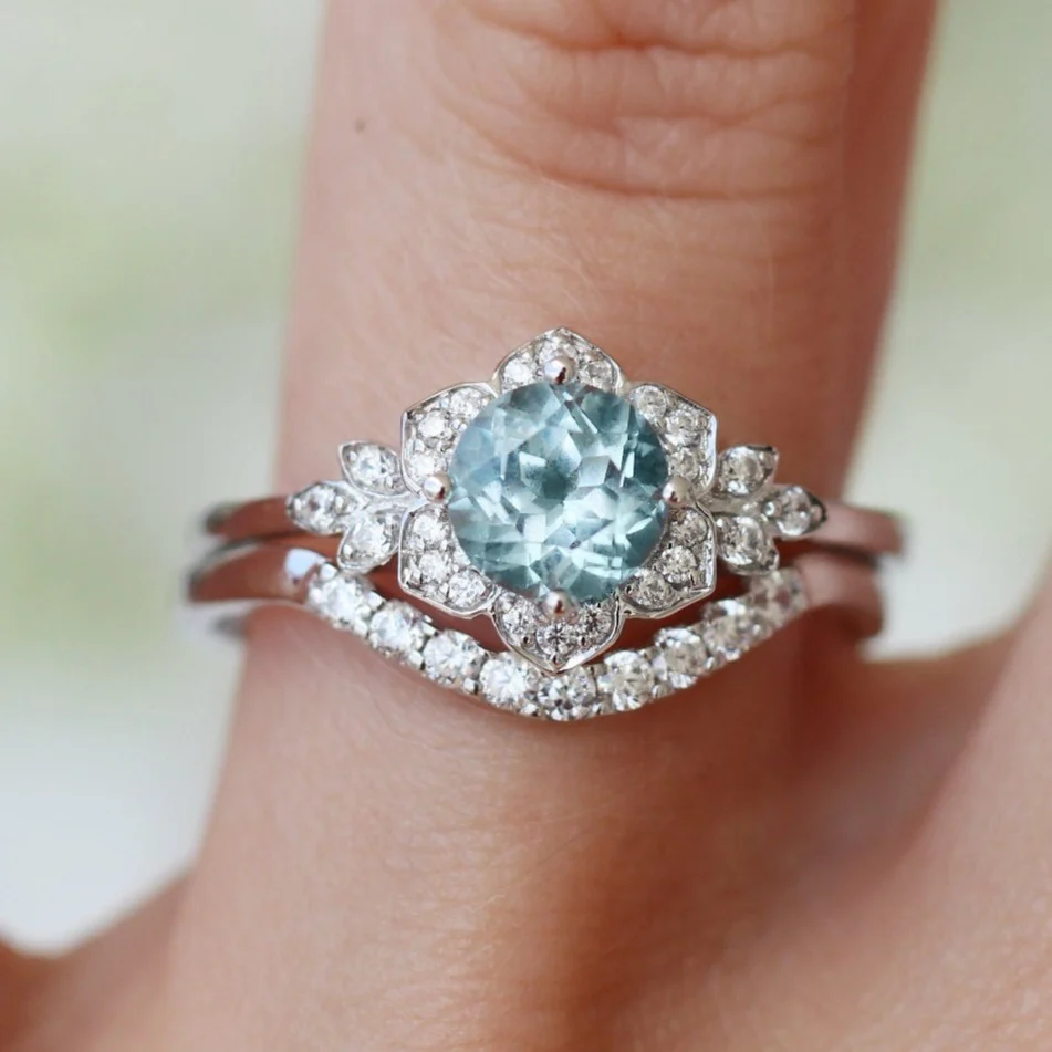 Jasmine Round Cut Aquamarine Flower Ring Set in Sterling Silver - Image 4