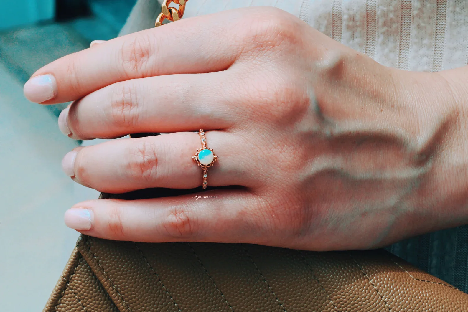 Natural Australian Opal Engagement Ring in 14K Rose Gold Vermeil - Image 2