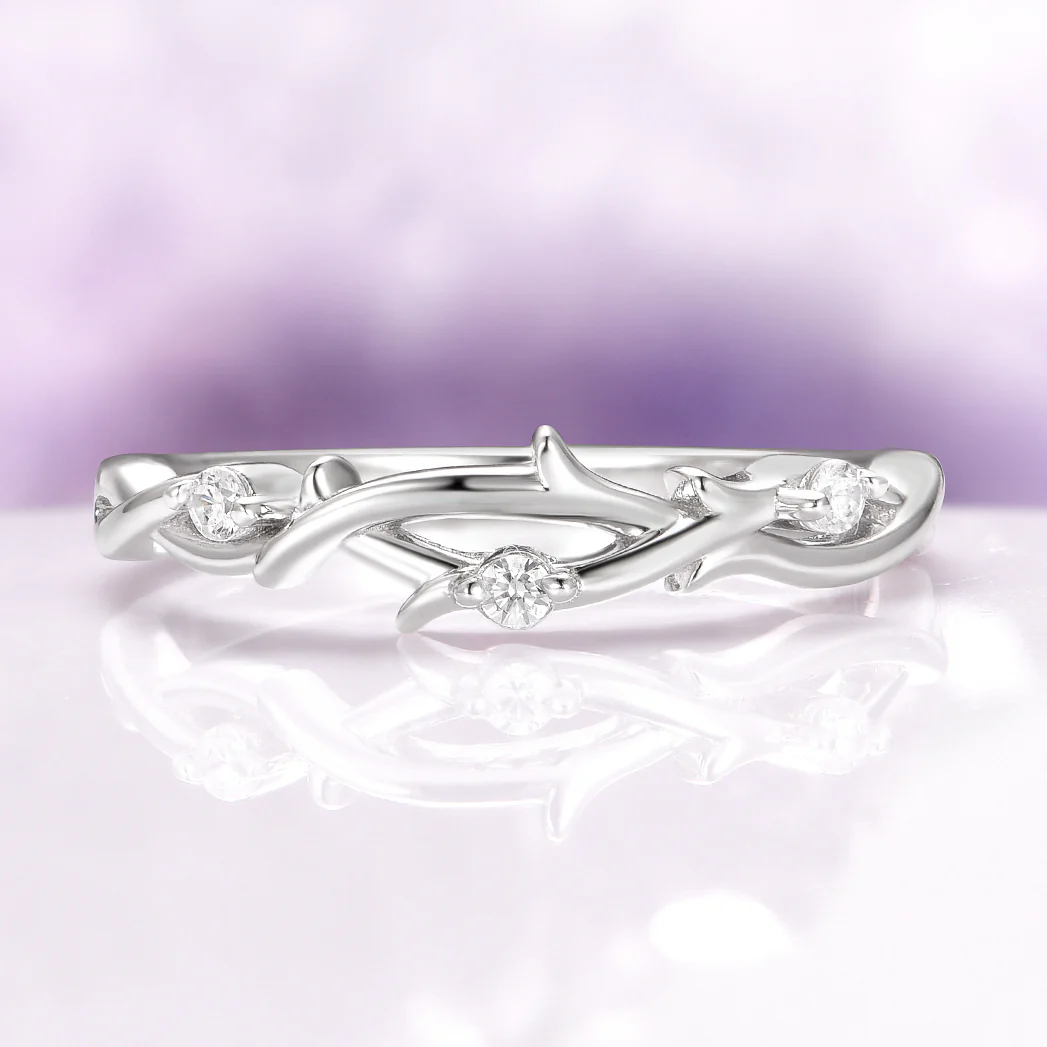 Whimsical Diamond Leaf Twig Wedding Band in 14K White Gold