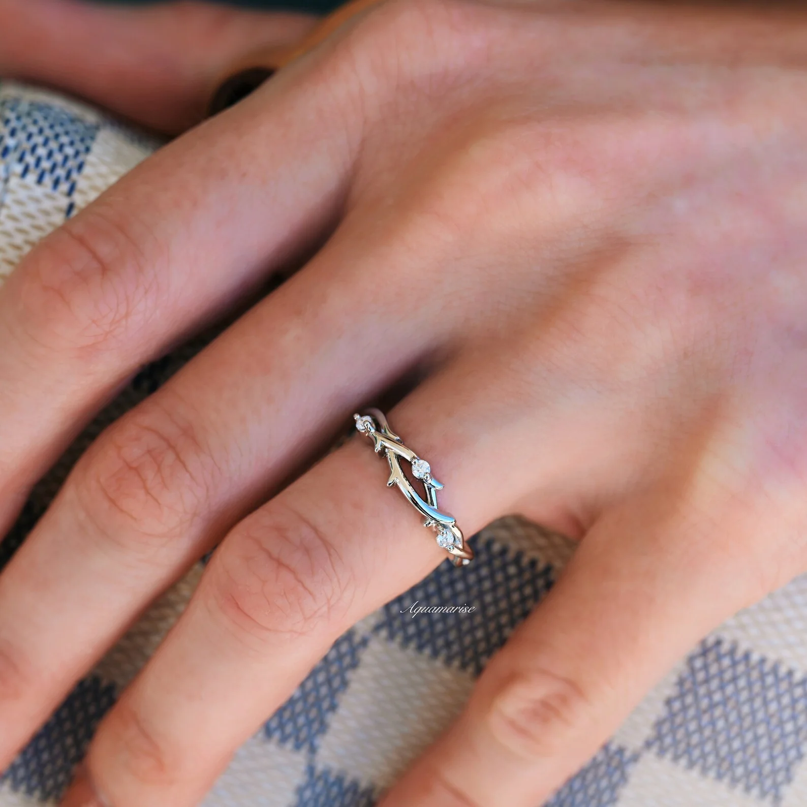 Whimsical Diamond Leaf Twig Wedding Band in 14K White Gold - Image 3