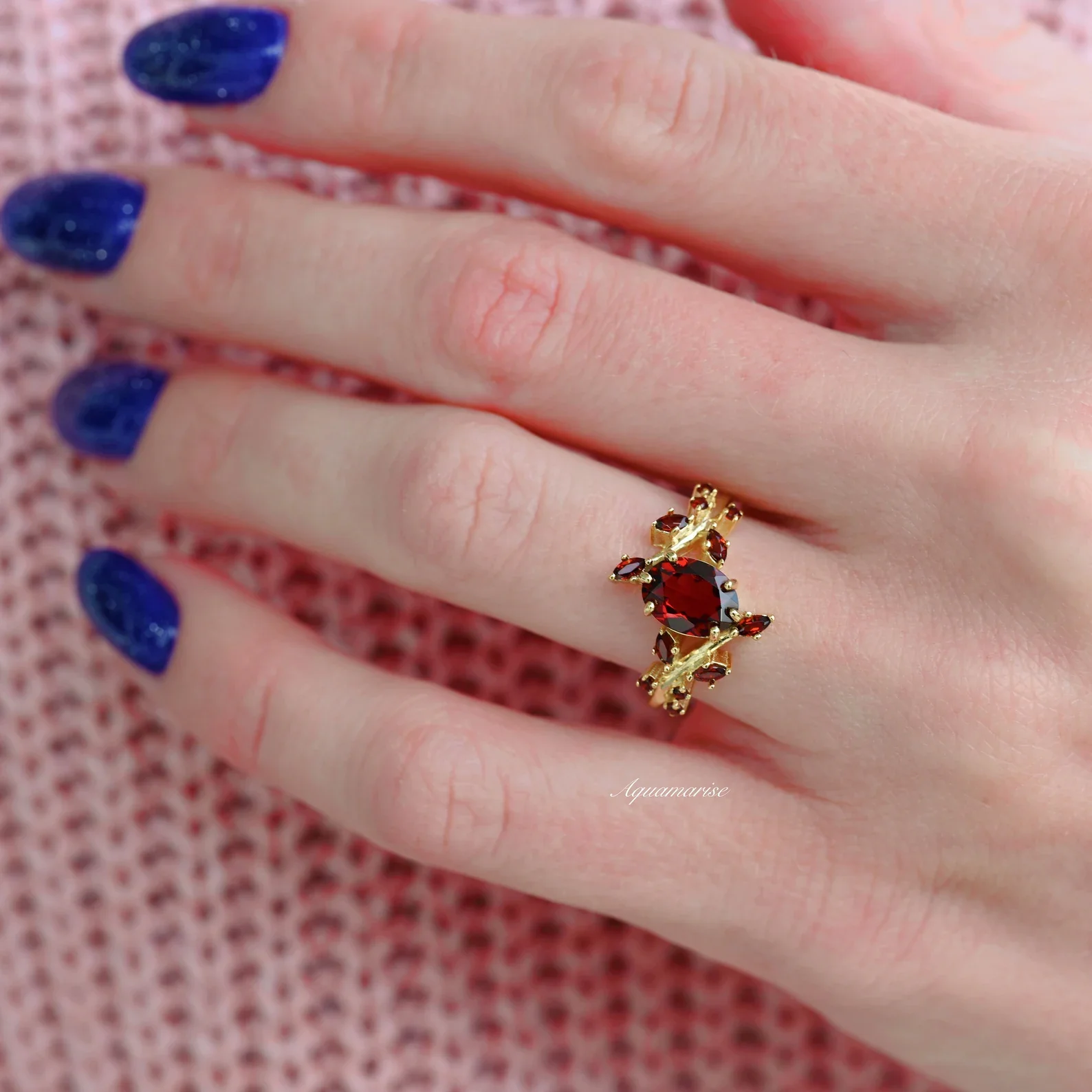 Natural Garnet & Red Fire Opal Leaf Couples Ring Set - Image 8