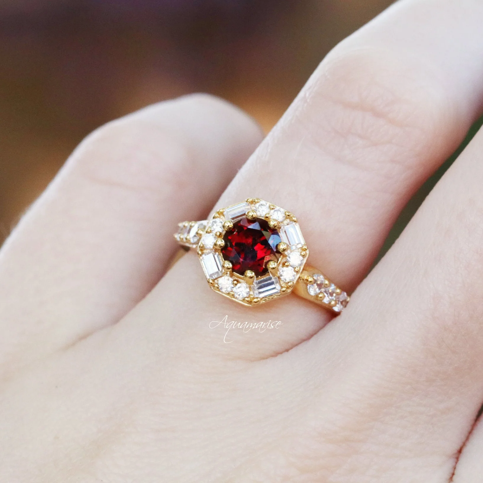 Hexagon Garnet Ring- 14K Yellow Gold Vermeil - Image 3