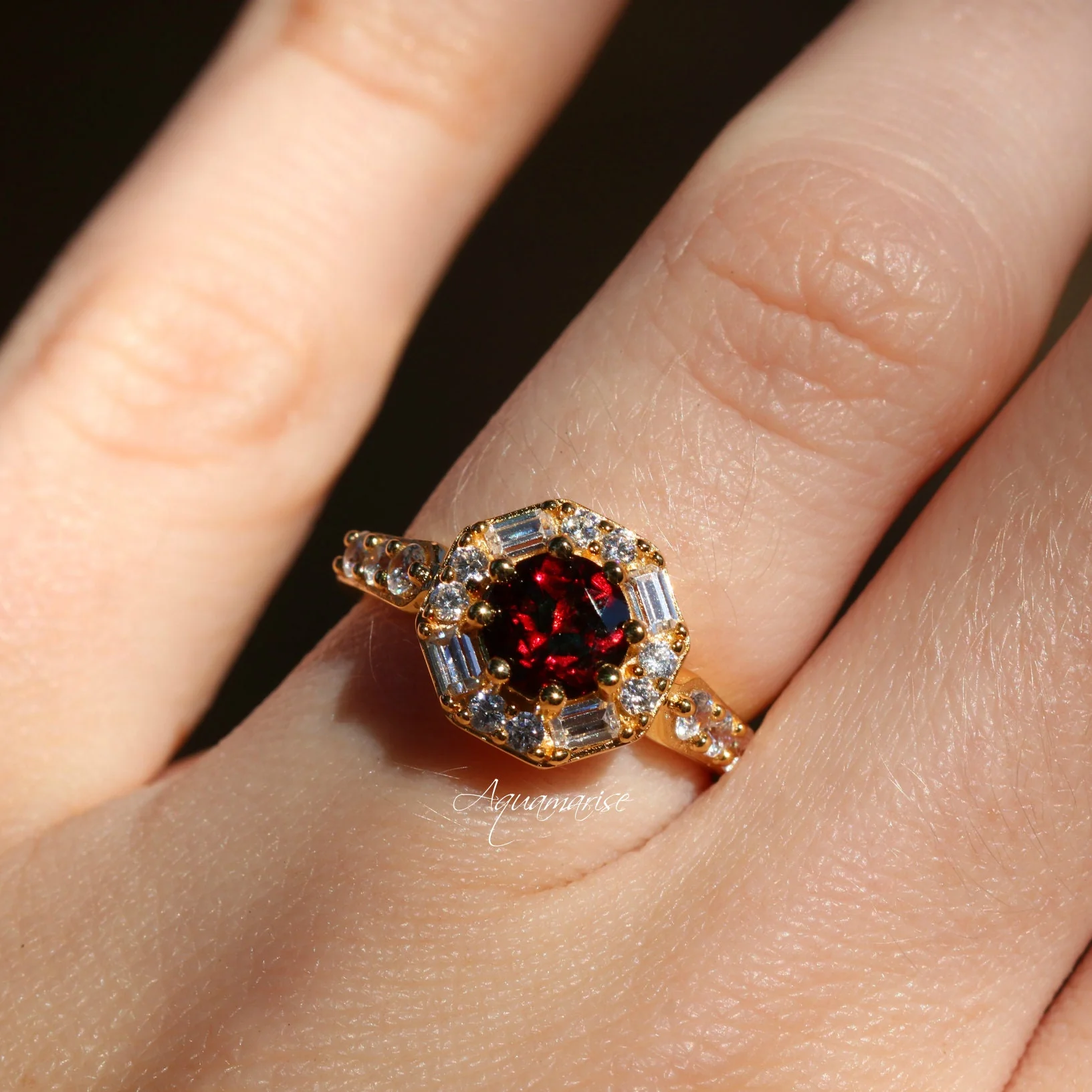 Hexagon Garnet Ring- 14K Yellow Gold Vermeil - Image 4