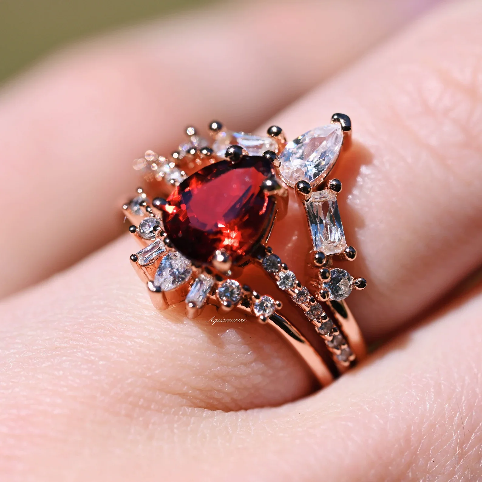 Natural Garnet 3pcs Ring Set- 14K Rose Gold Vermeil - Image 2