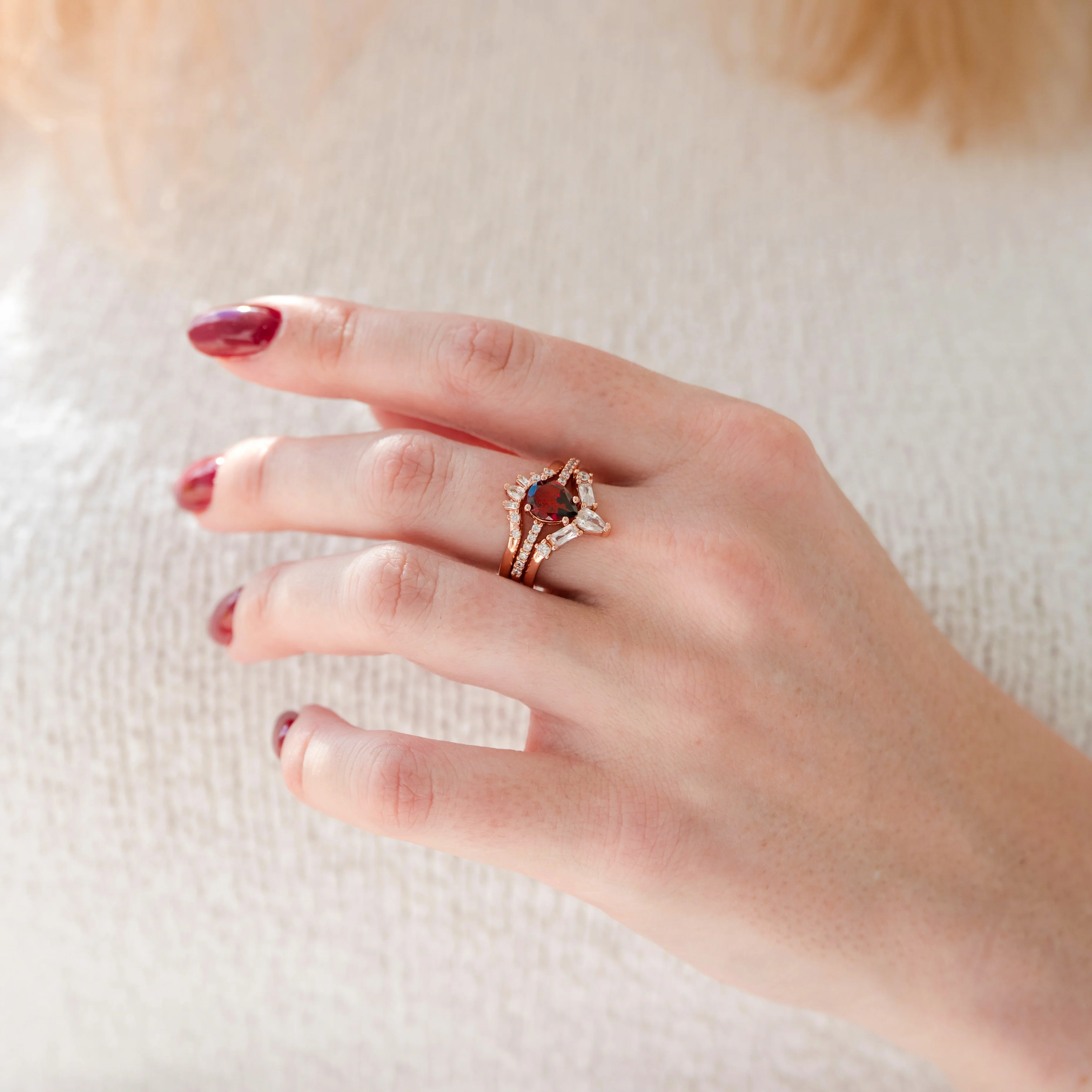 Natural Garnet 3pcs Ring Set- 14K Rose Gold Vermeil - Image 5