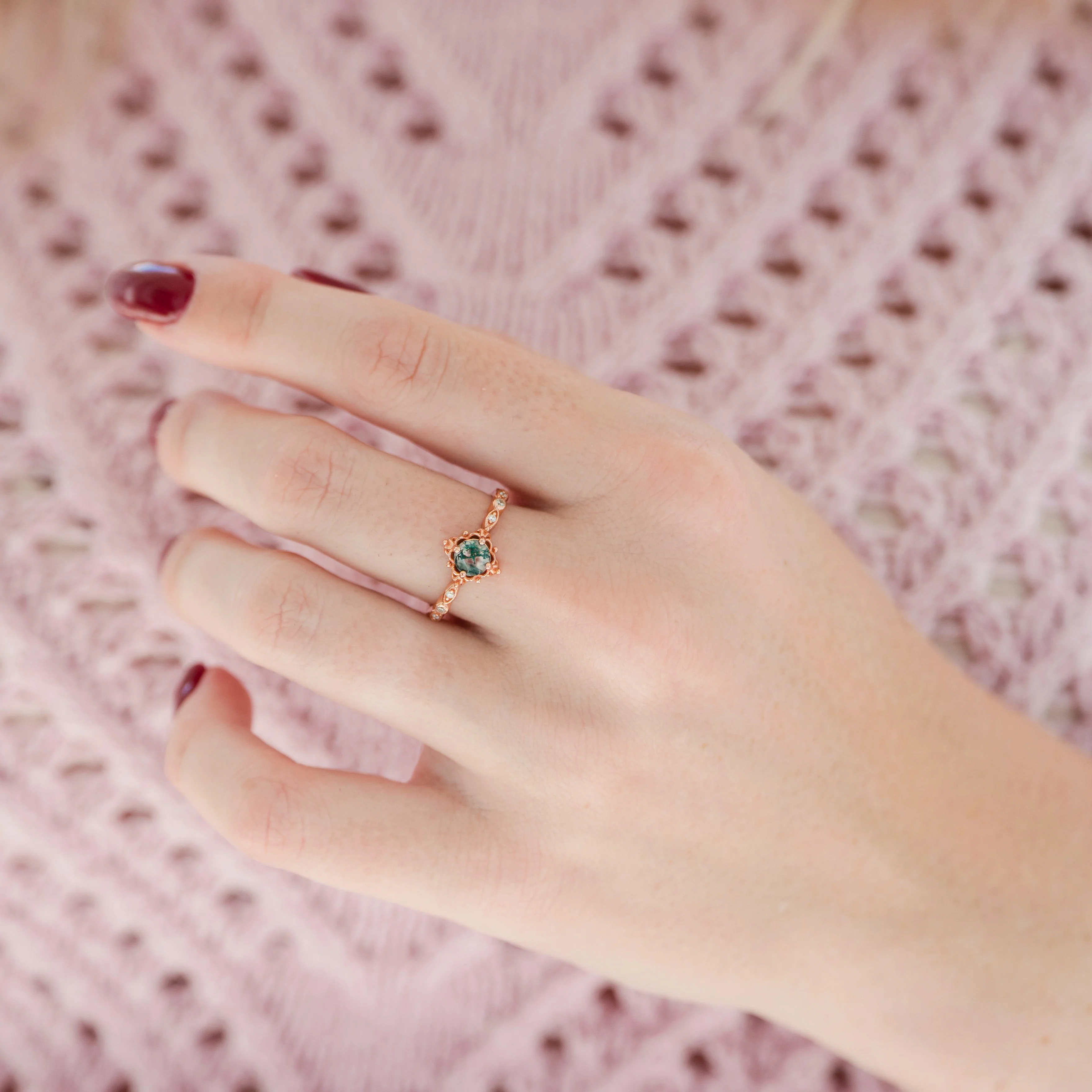 Vintage Green Moss Agate Engagement Ring in 14K Rose Gold Vermeil - Image 2