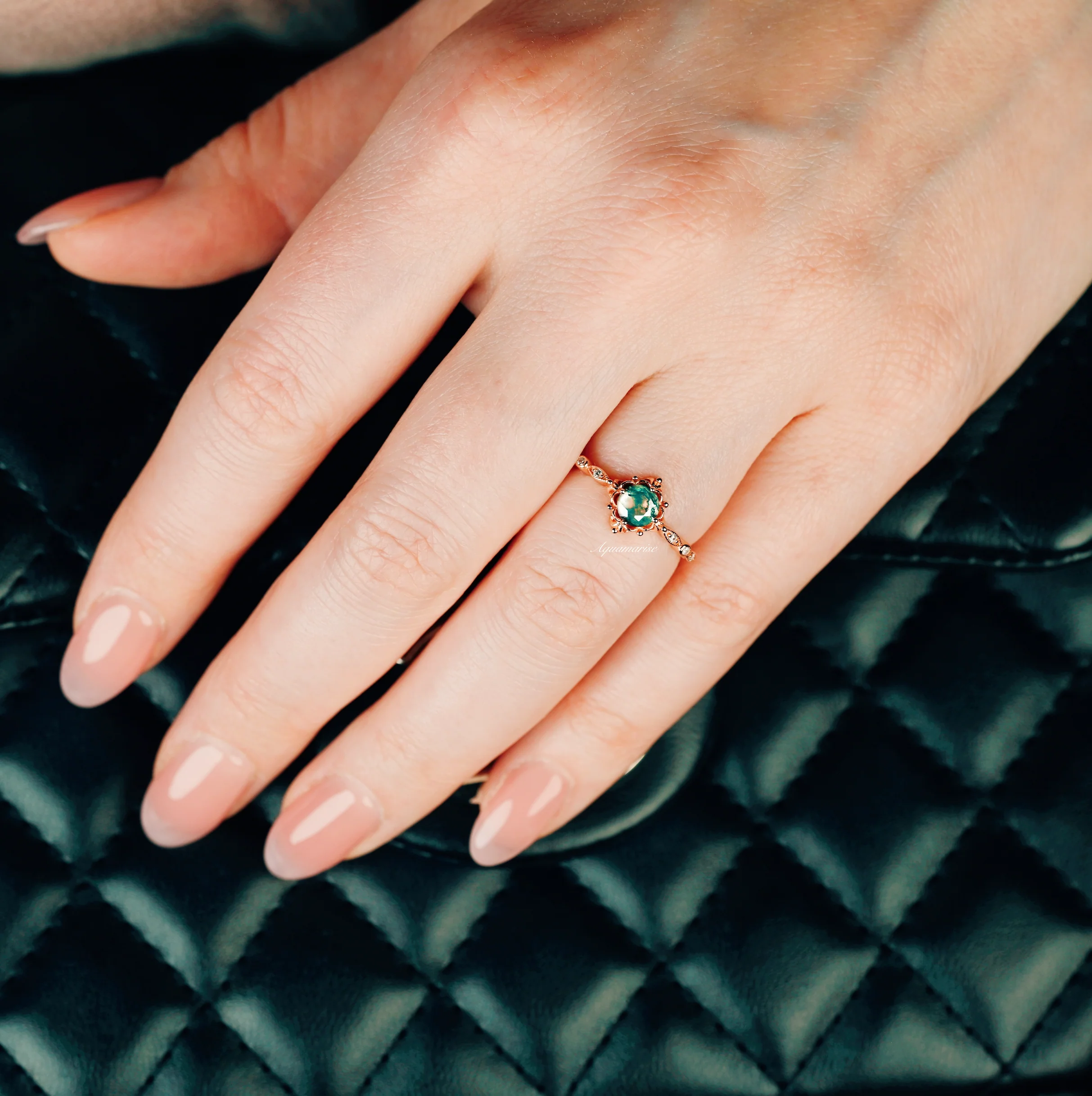 Vintage Green Moss Agate Engagement Ring in 14K Rose Gold Vermeil - Image 5