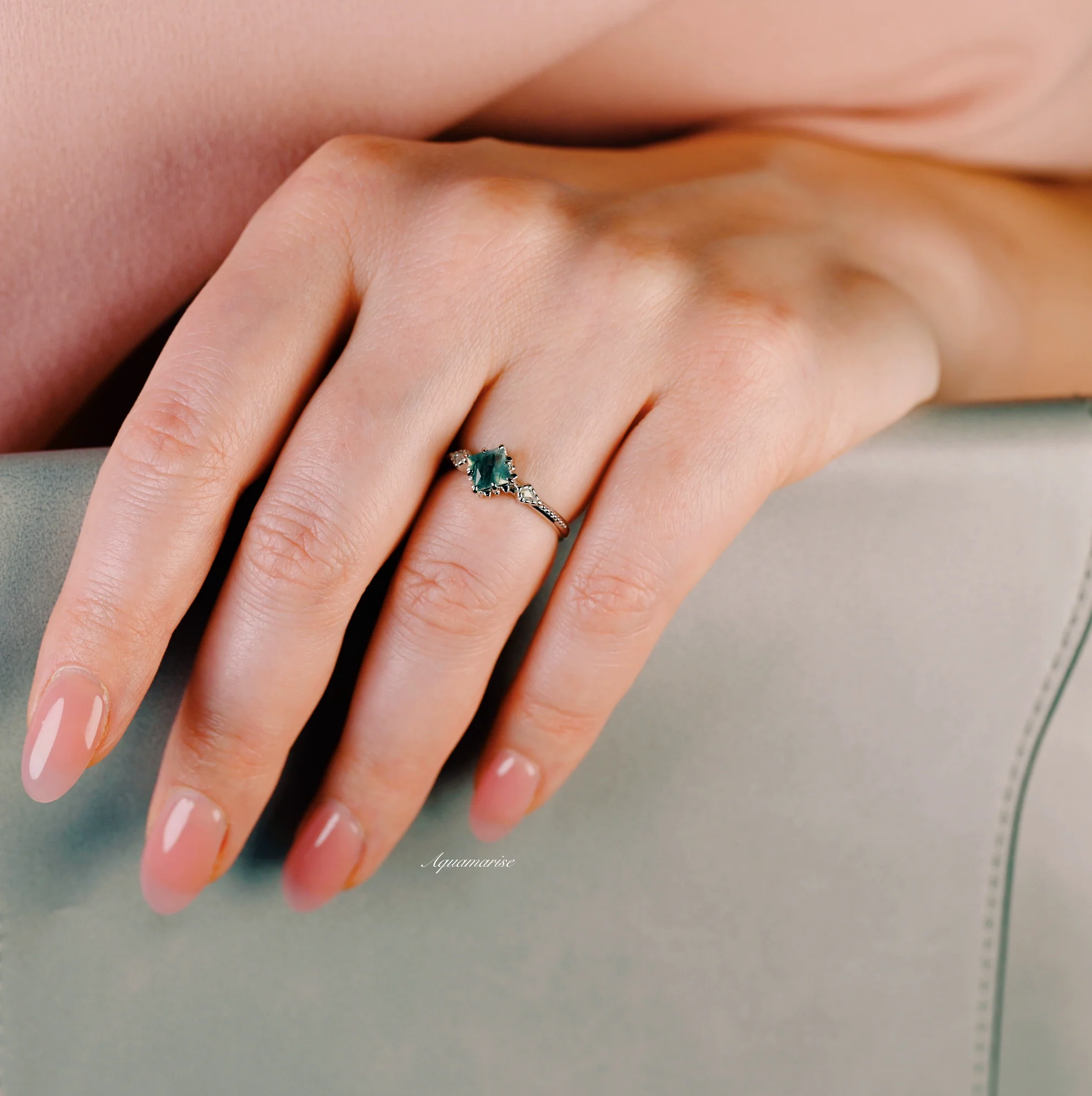 Princess Cut Green Moss Agate Ring in Sterling Silver - Image 3
