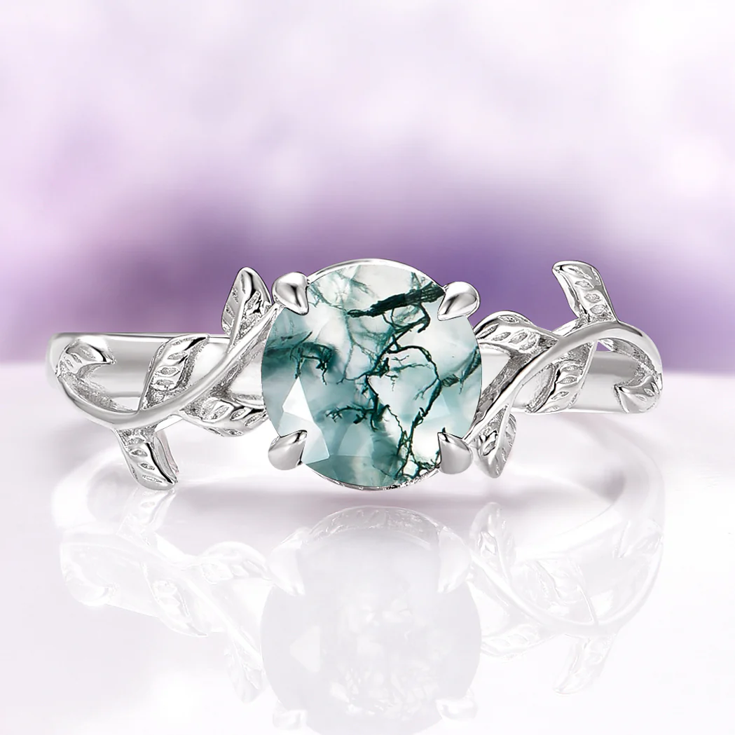 Natural Green Moss Agate Leaf Ring in Sterling Silver