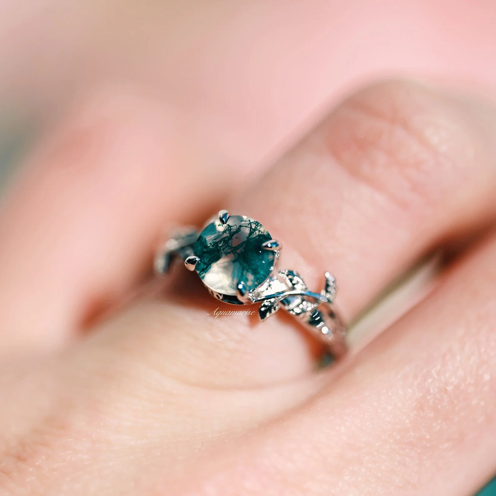 Natural Green Moss Agate Leaf Ring in Sterling Silver - Image 3