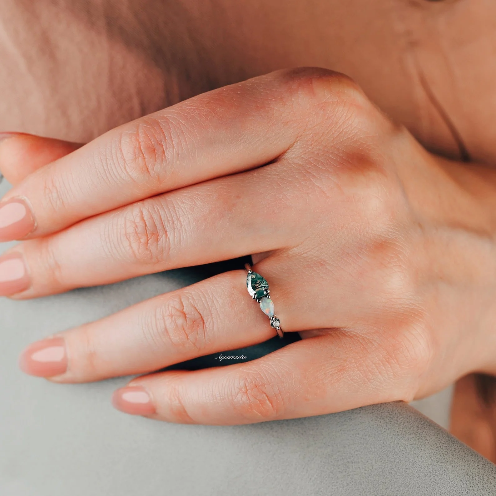 Green Moss Agate & Natural Australian Opal Ring in 14K Rose Gold Vermeil - Image 4