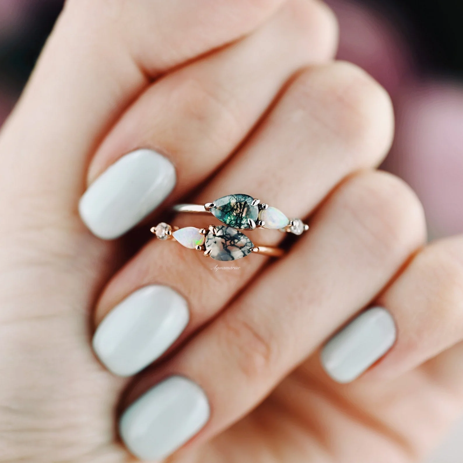 Green Moss Agate & Natural Australian Opal Ring in 14K Rose Gold Vermeil - Image 7