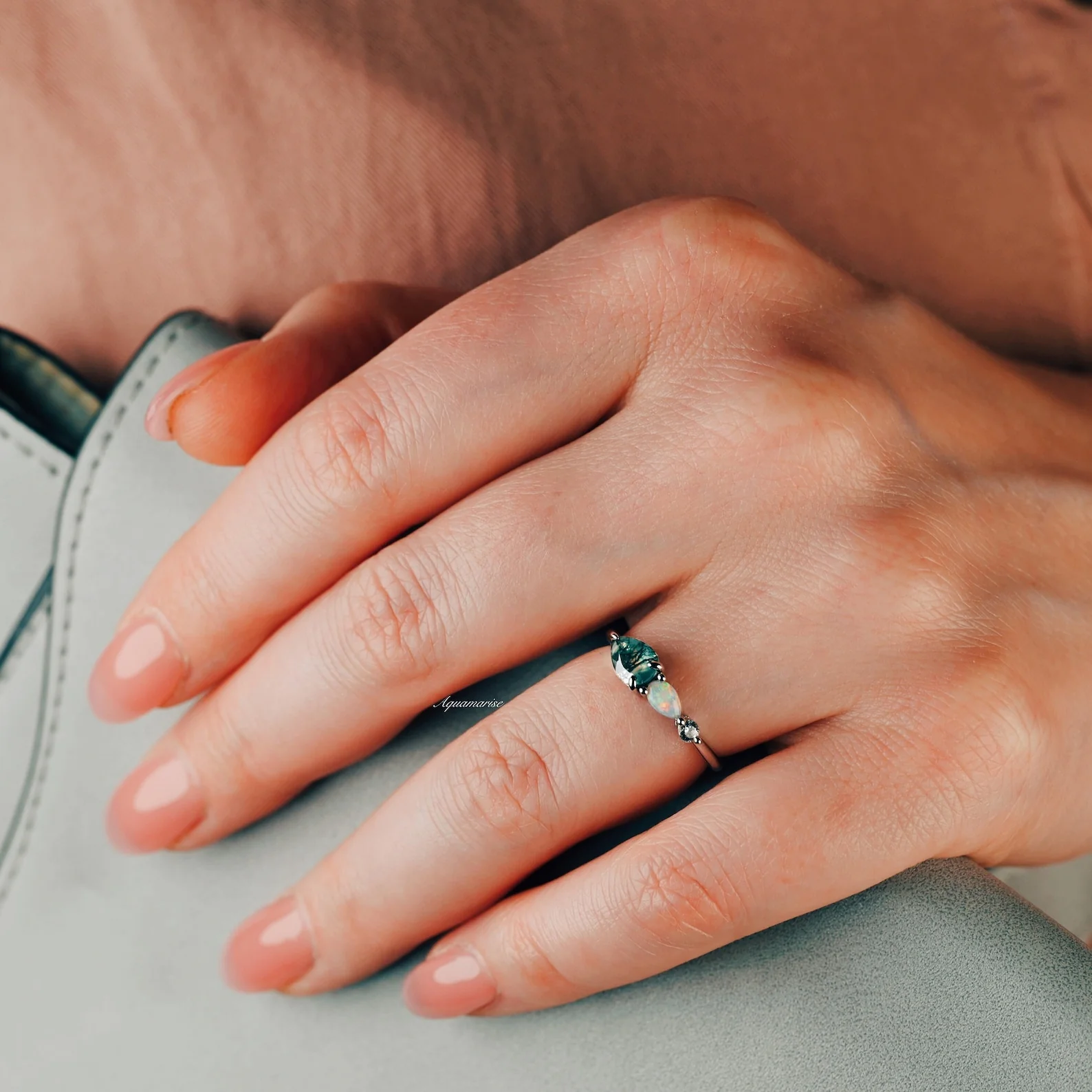 Green Moss Agate & Natural Australian Fire Opal Ring in Sterling Silver - Image 4
