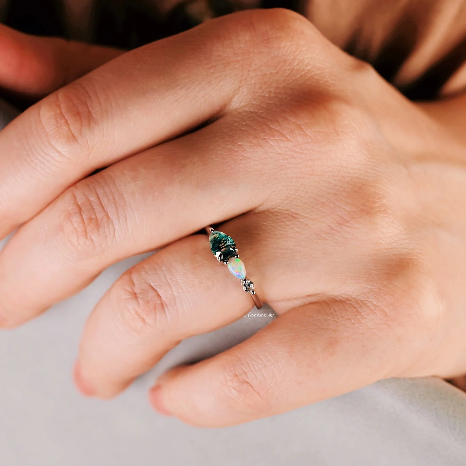 Green Moss Agate & Natural Australian Fire Opal Ring in Sterling Silver - Image 6