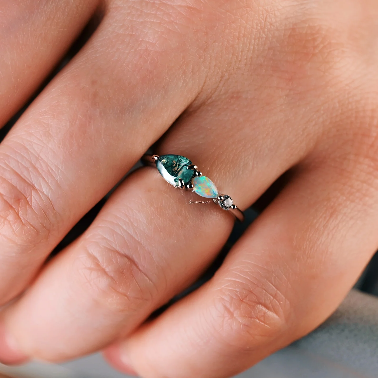 Green Moss Agate & Natural Australian Fire Opal Ring in Sterling Silver - Image 7