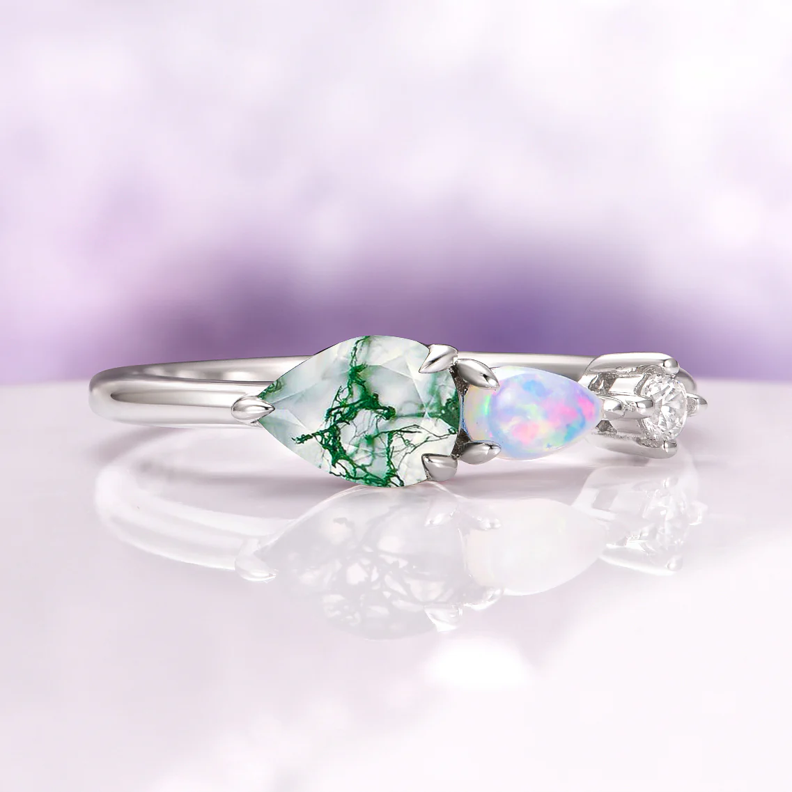 Green Moss Agate & Natural Australian Fire Opal Ring in Sterling Silver - Image 9