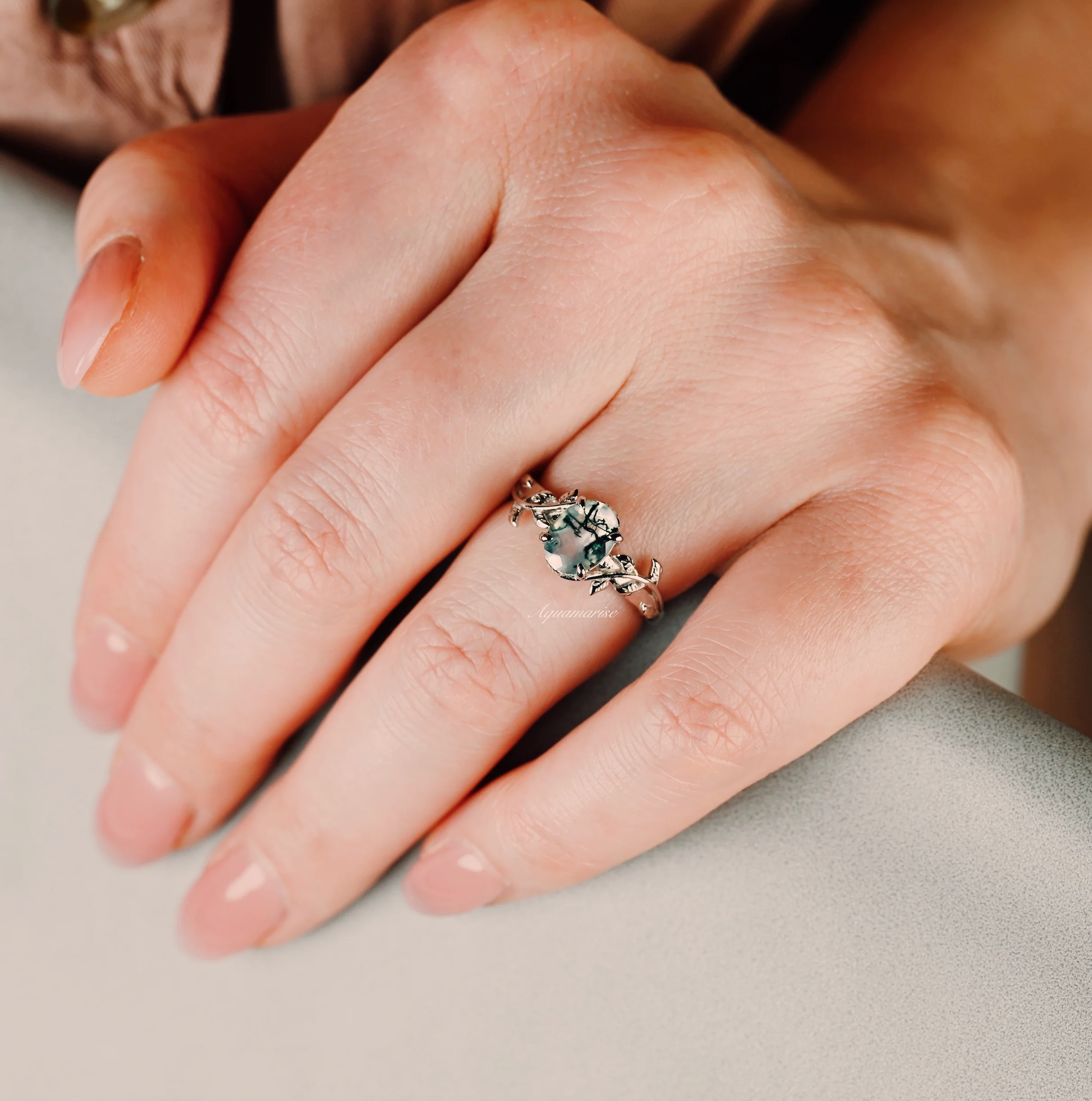 Natural Green Moss Agate Leaf Engagement Ring in 14K White Gold - Image 4