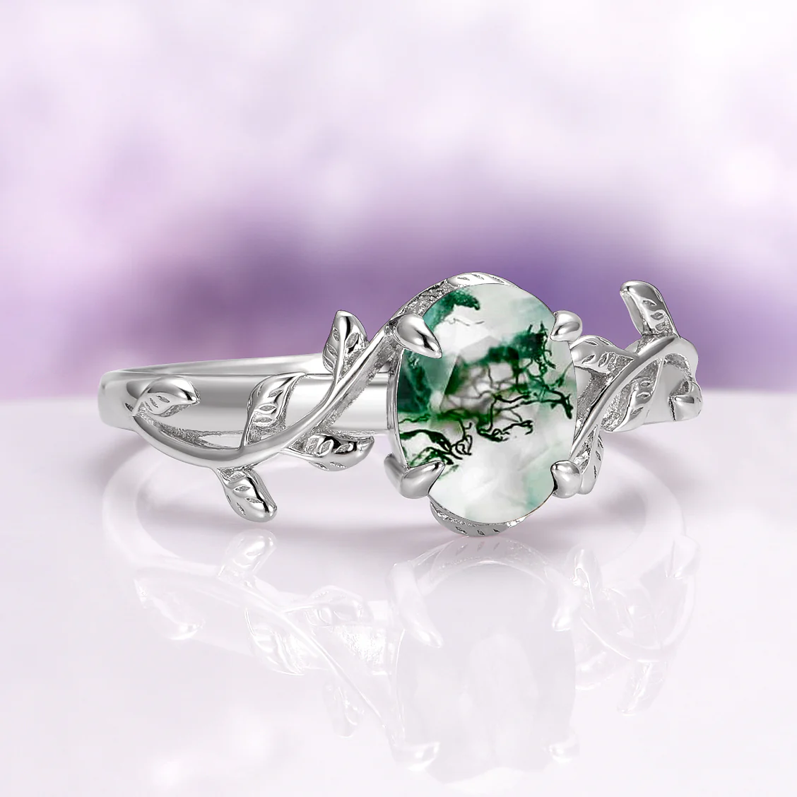 Natural Green Moss Agate Leaf Engagement Ring in 14K White Gold - Image 8